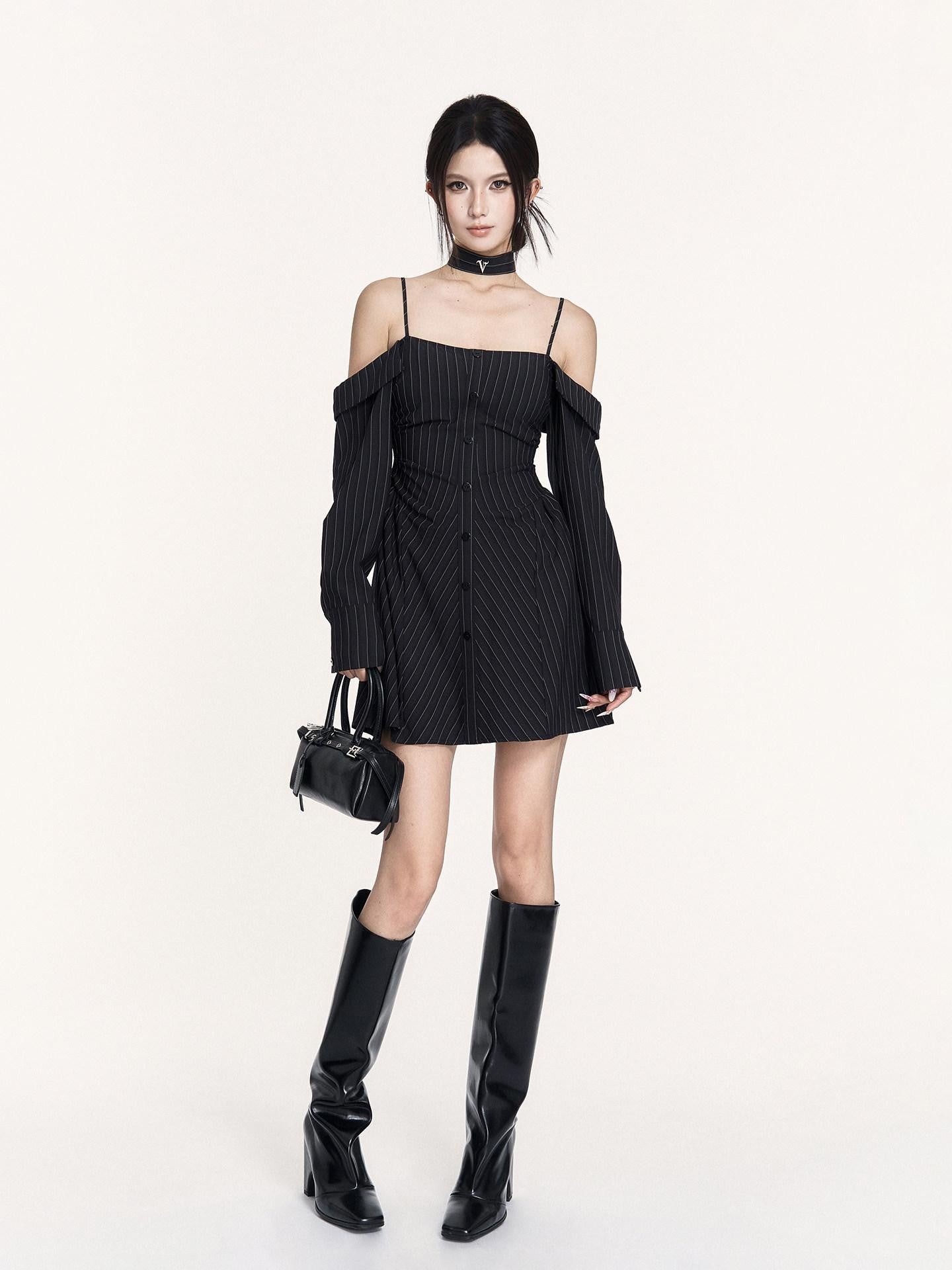 VOCK Artistic Striped Off Shoulder Women's Polyester Slip Mini Dresses
