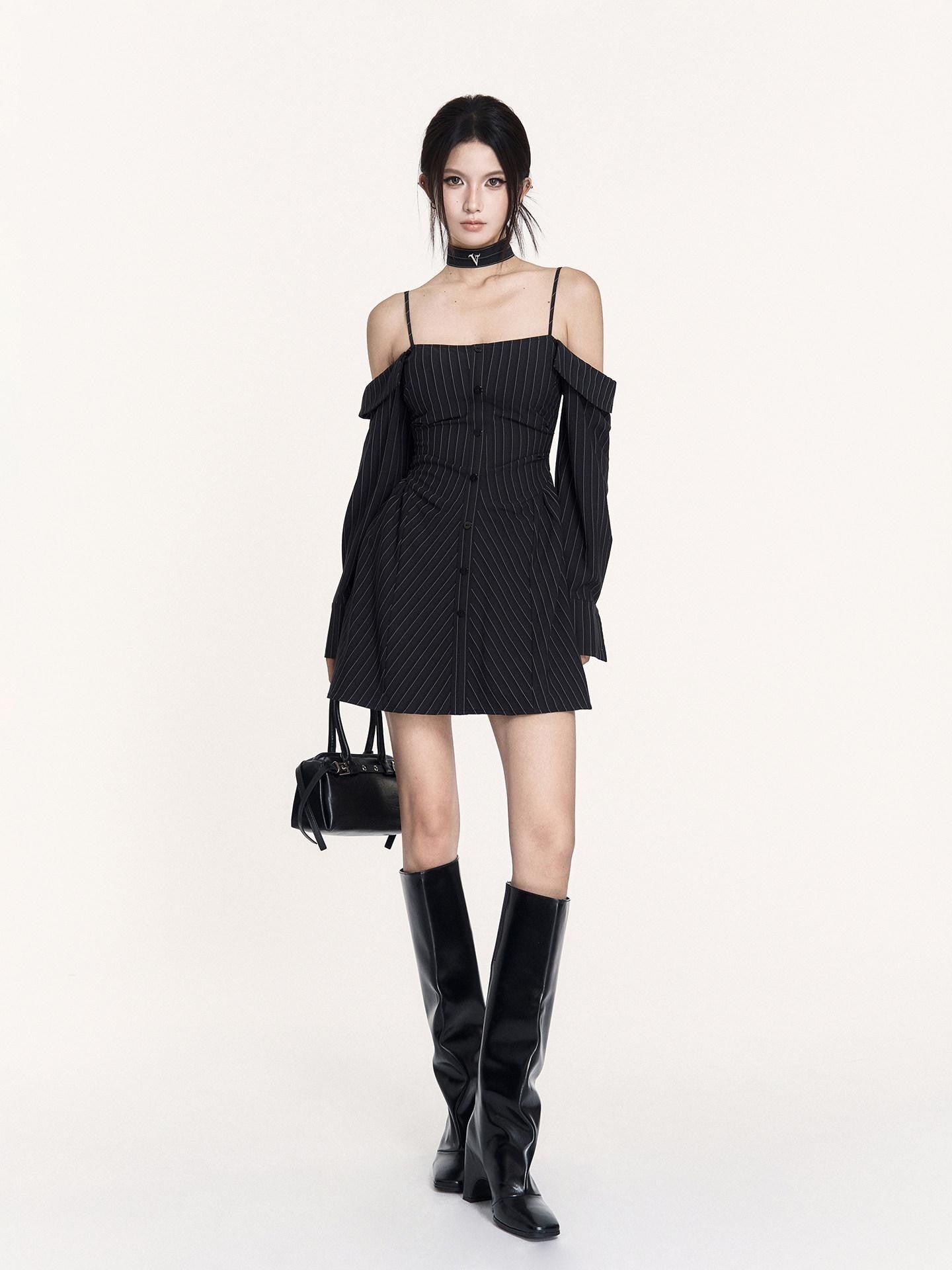 VOCK Artistic Striped Off Shoulder Women's Polyester Slip Mini Dresses