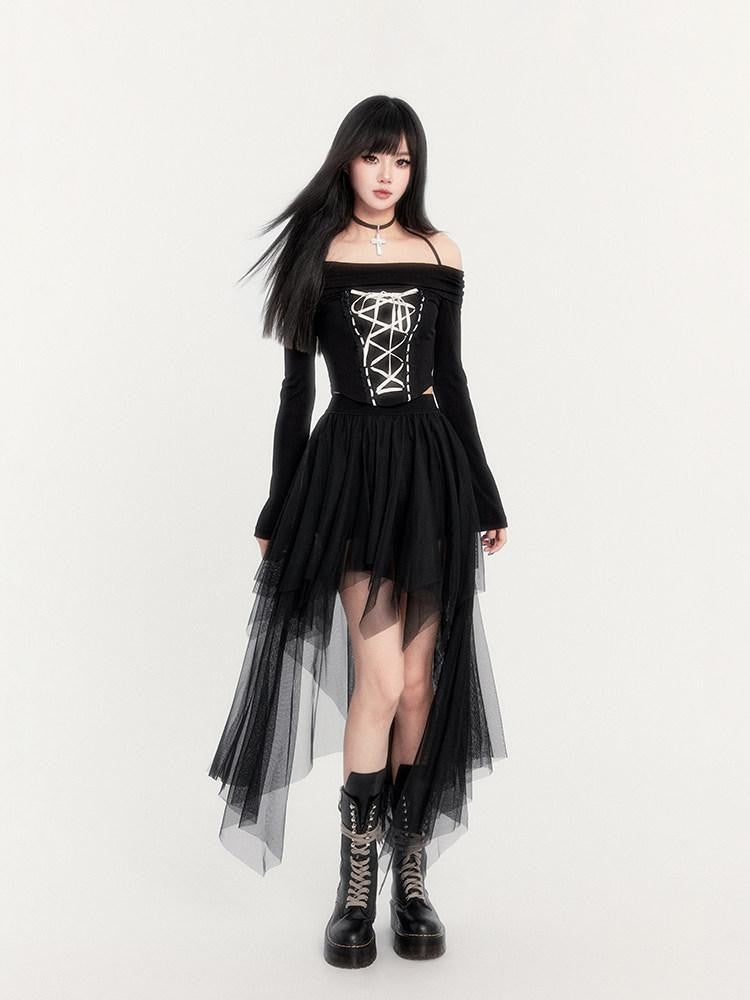 VOCK Ash Tie Strap Boat Neck Long Sleeve Asymmetric Mesh Women's Matching Skirt Sets