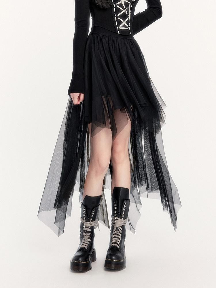 VOCK Ash Tie Strap Boat Neck Long Sleeve Asymmetric Mesh Women's Matching Skirt Sets