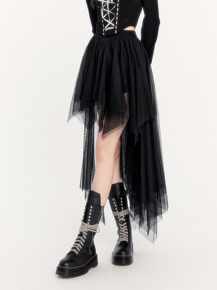 VOCK Ash Tie Strap Boat Neck Long Sleeve Asymmetric Mesh Women's Matching Skirt Sets