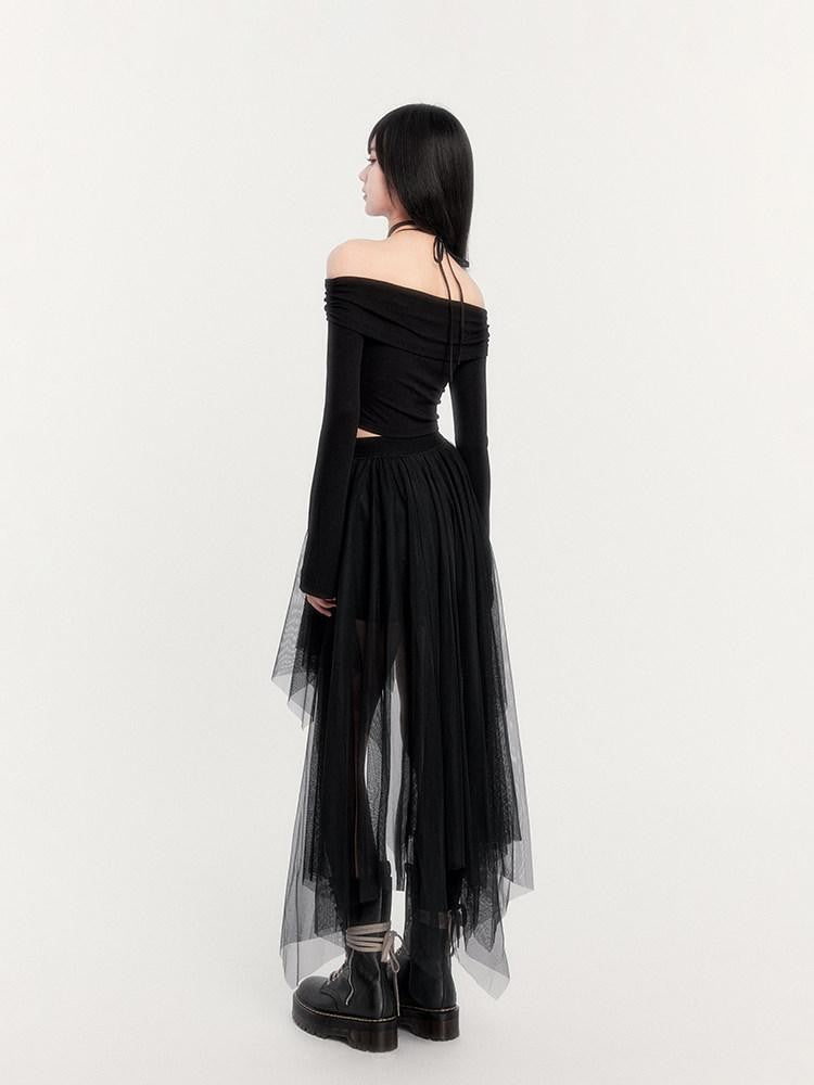VOCK Ash Tie Strap Boat Neck Long Sleeve Asymmetric Mesh Women's Matching Skirt Sets