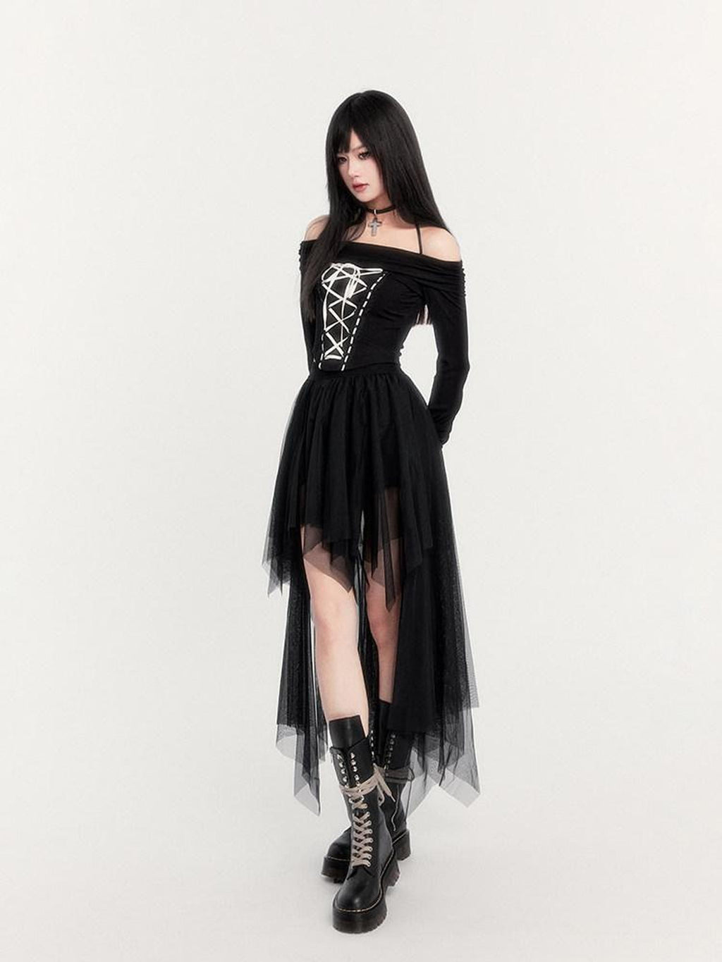 VOCK Ash Tie Strap Boat Neck Long Sleeve Asymmetric Mesh Women's Matching Skirt Sets