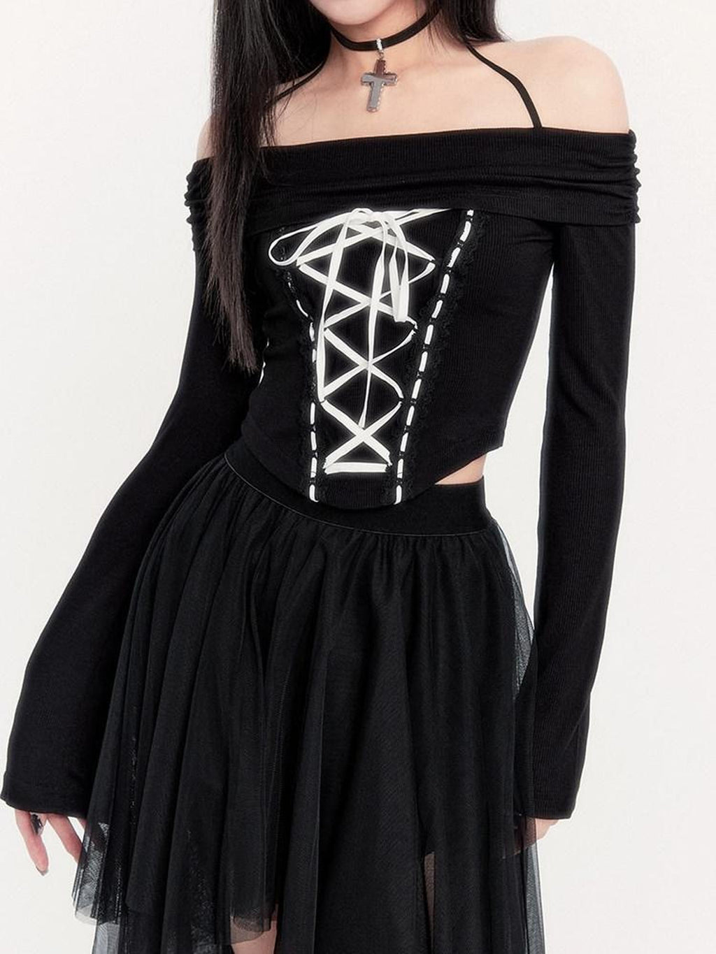 VOCK Ash Tie Strap Boat Neck Long Sleeve Asymmetric Mesh Women's Matching Skirt Sets