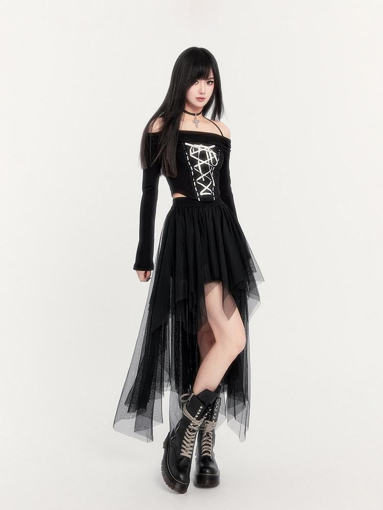 VOCK Ash Tie Strap Boat Neck Long Sleeve Asymmetric Mesh Women's Matching Skirt Sets
