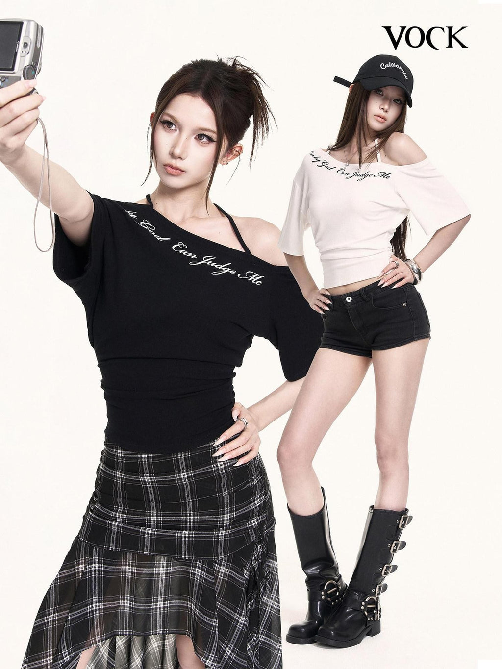 VOCK Asymmetric Halter Letter Print Cropped Women's Cotton Off-shoulder T-shirts