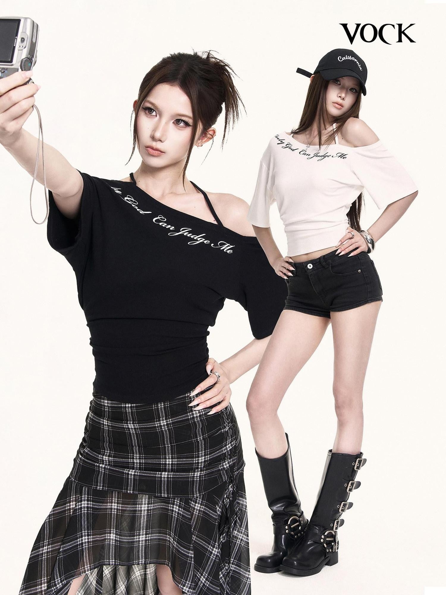 VOCK Asymmetric Halter Letter Print Cropped Women's Cotton Off-shoulder T-shirts