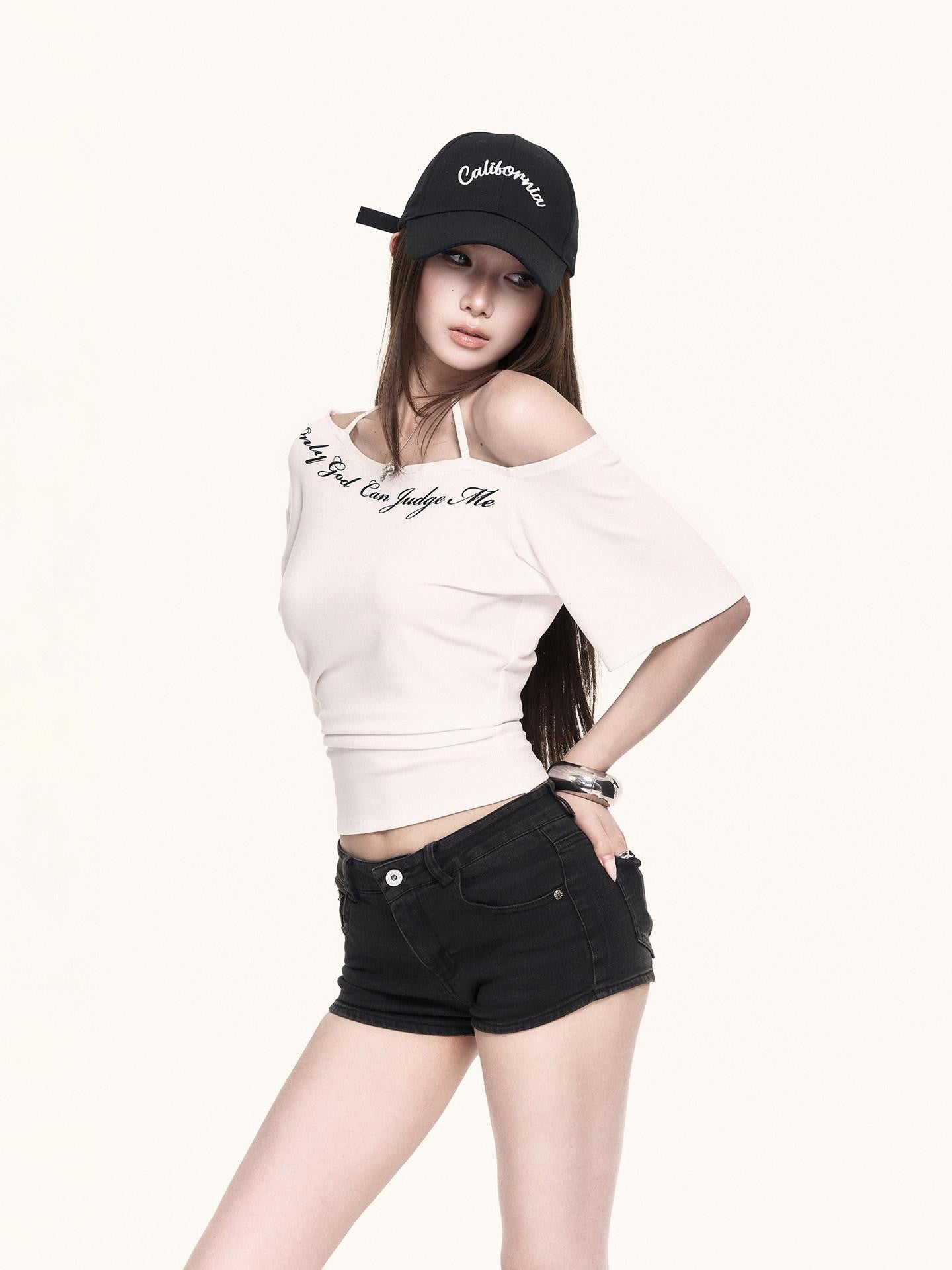 VOCK Asymmetric Halter Letter Print Cropped Women's Cotton Off-shoulder T-shirts