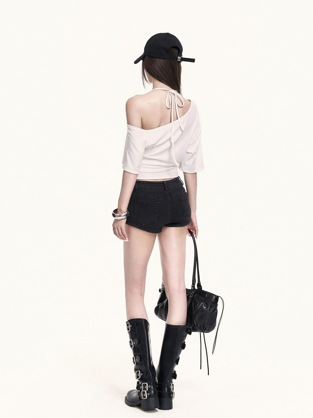 VOCK Asymmetric Halter Letter Print Cropped Women's Cotton Off-shoulder T-shirts