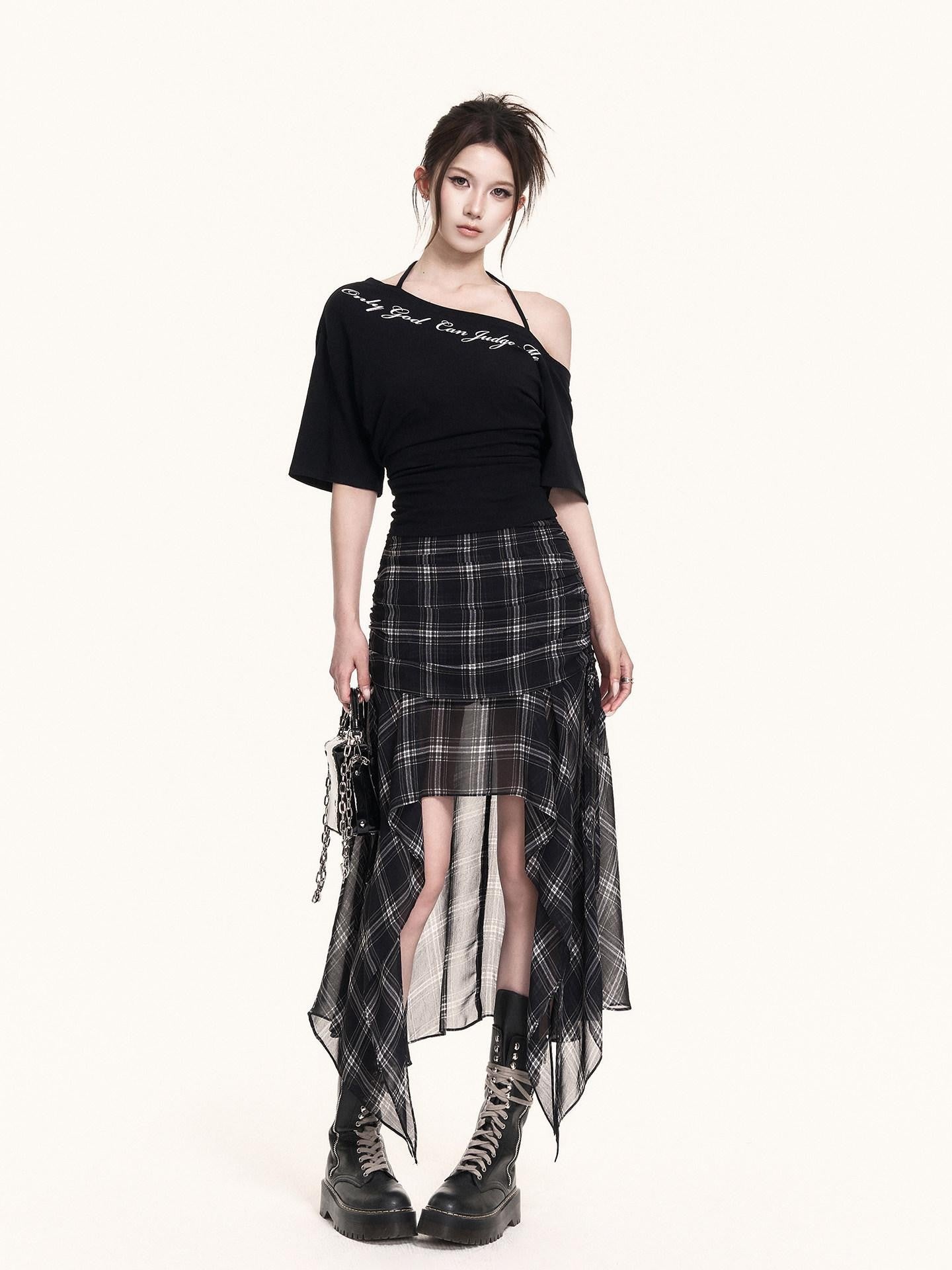 VOCK Asymmetric Halter Letter Print Cropped Women's Cotton Off-shoulder T-shirts