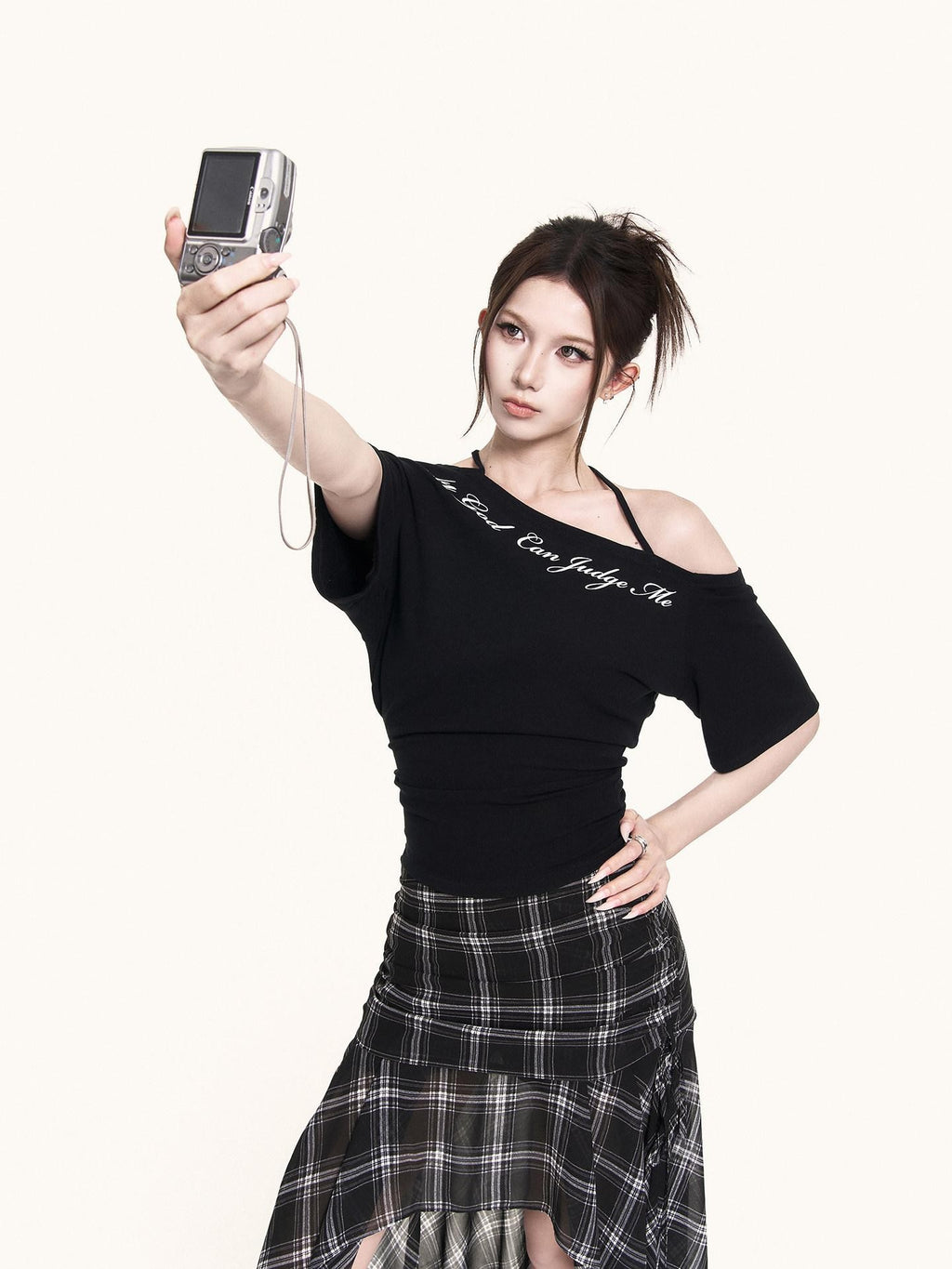 VOCK Asymmetric Halter Letter Print Cropped Women's Cotton Off-shoulder T-shirts