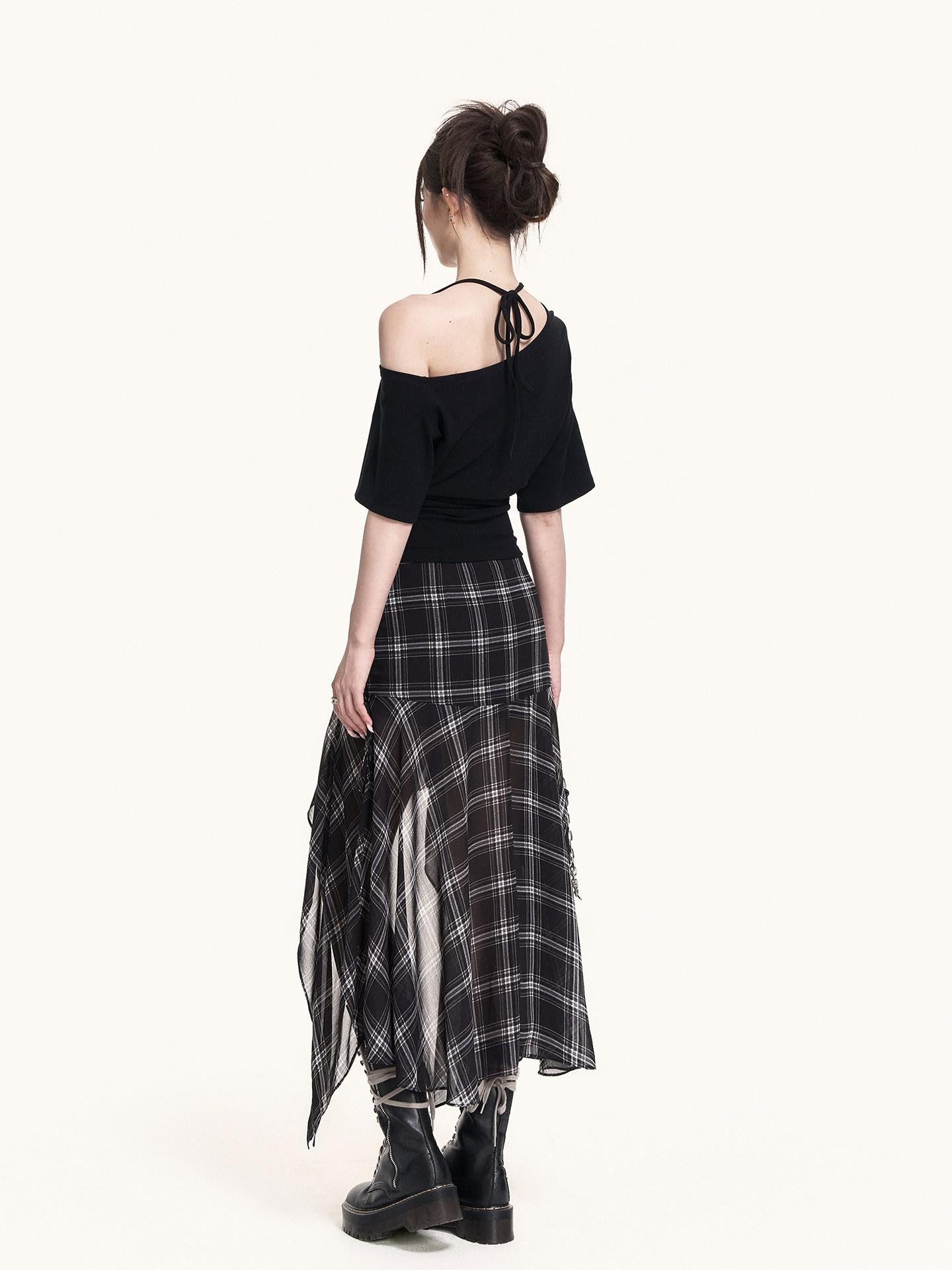 VOCK Asymmetric Halter Letter Print Cropped Women's Cotton Off-shoulder T-shirts