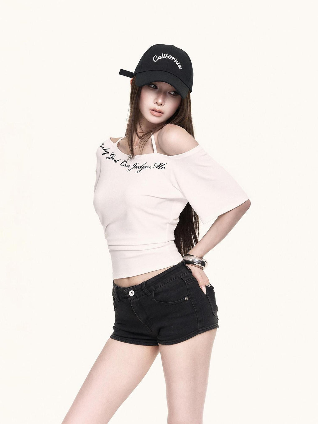 VOCK Asymmetric Halter Letter Print Cropped Women's Cotton Off-shoulder T-shirts