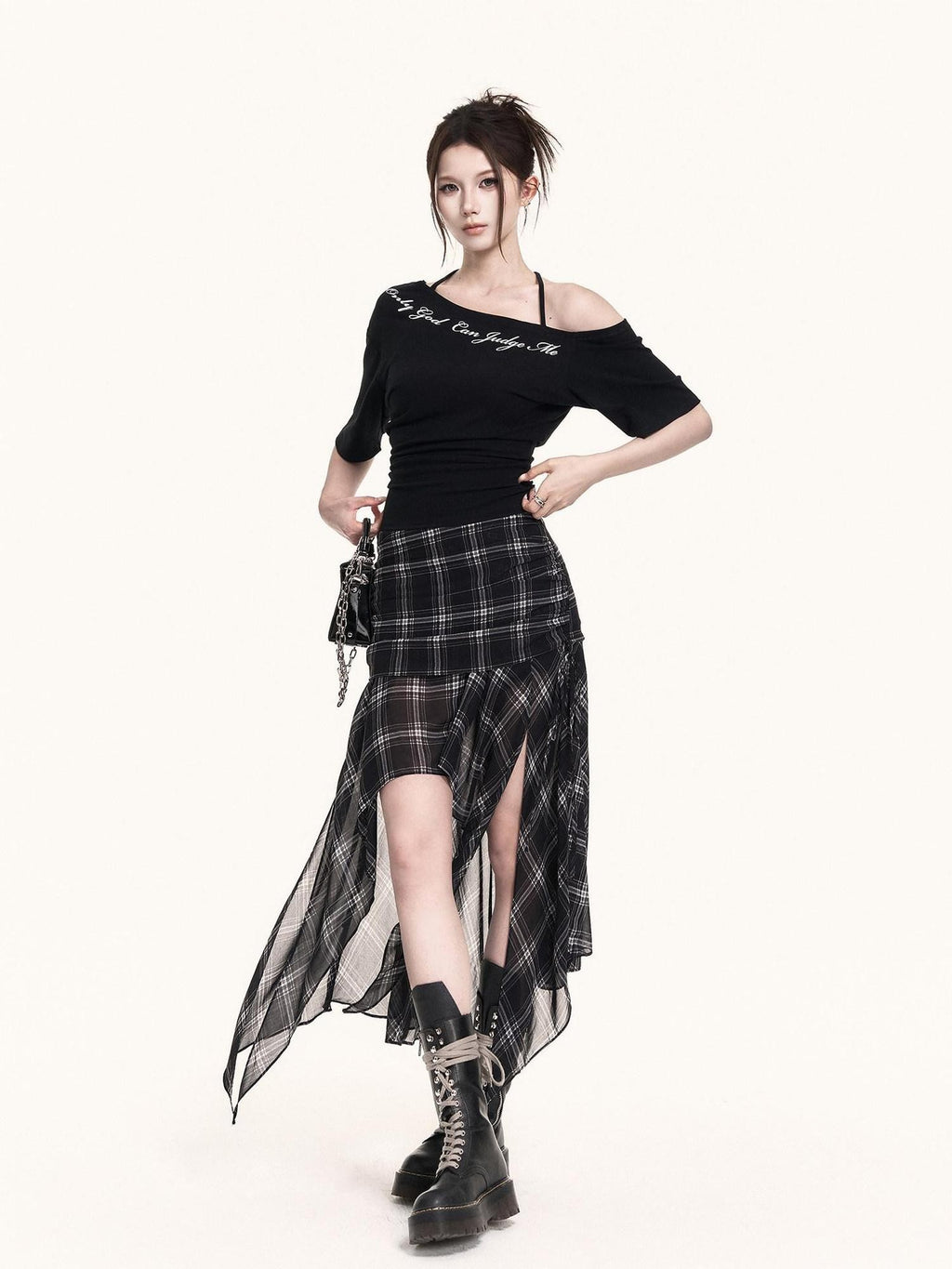 VOCK Asymmetric Halter Letter Print Cropped Women's Cotton Off-shoulder T-shirts