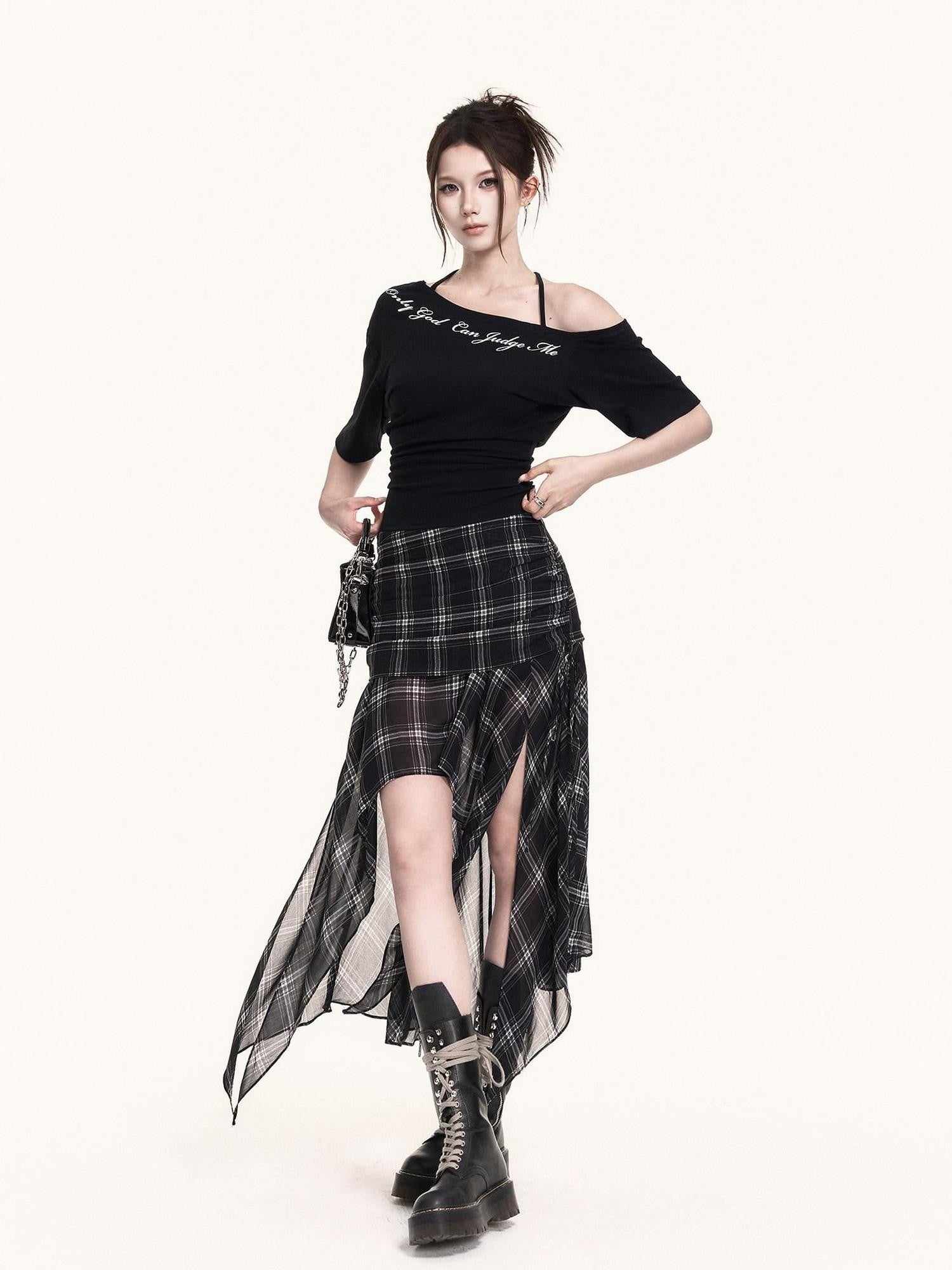 VOCK Asymmetric Halter Letter Print Cropped Women's Cotton Off-shoulder T-shirts