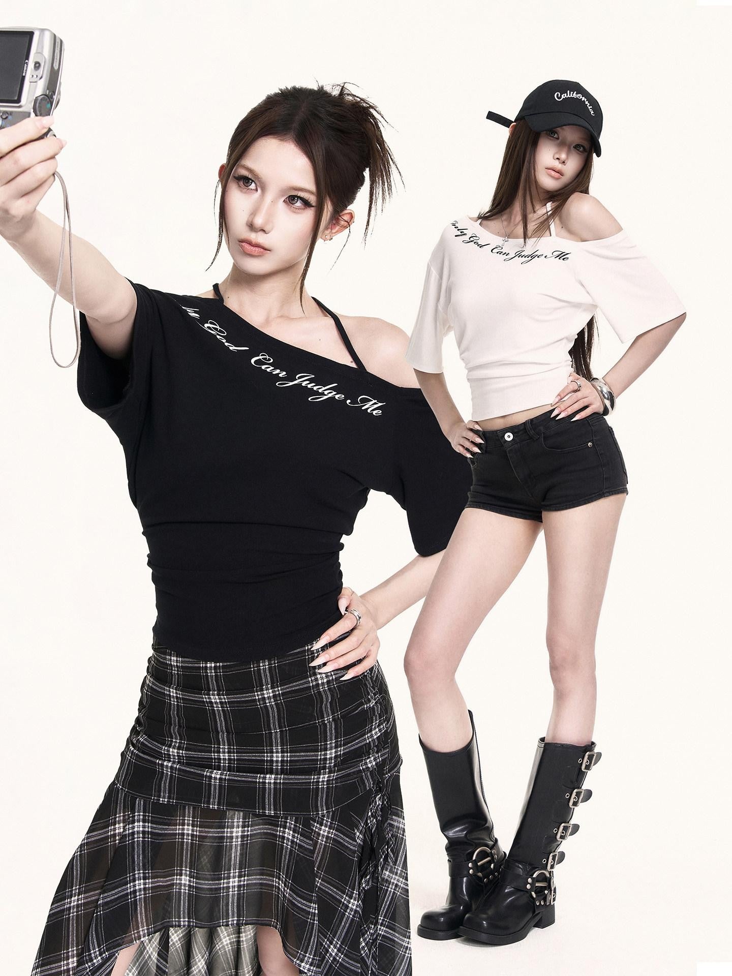 VOCK Asymmetric Halter Letter Print Cropped Women's Cotton Off-shoulder T-shirts