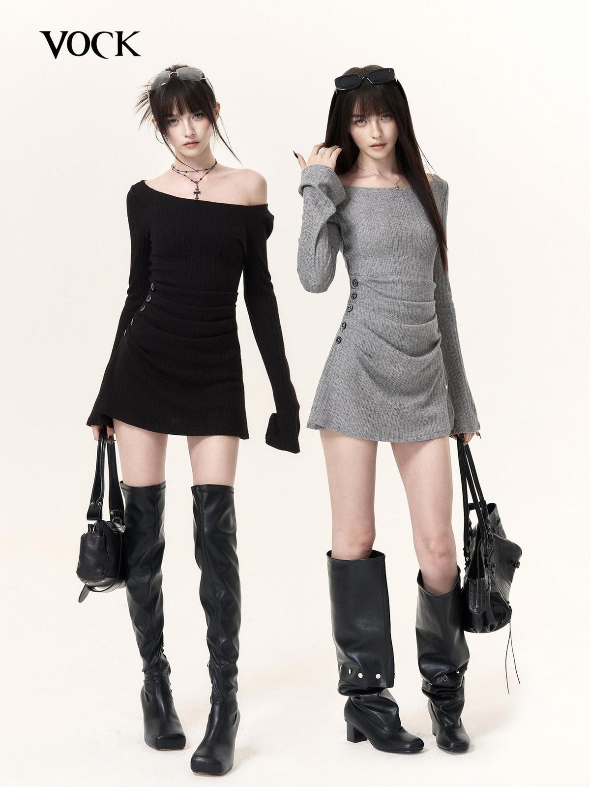 VOCK Asymmetric Minimalist Flare Sleeve Knit Women's Casual Mini Dresses
