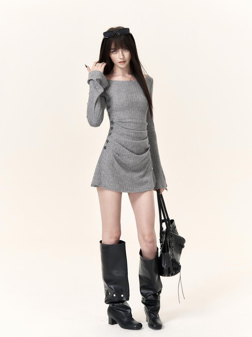 VOCK Asymmetric Minimalist Flare Sleeve Knit Women's Casual Mini Dresses