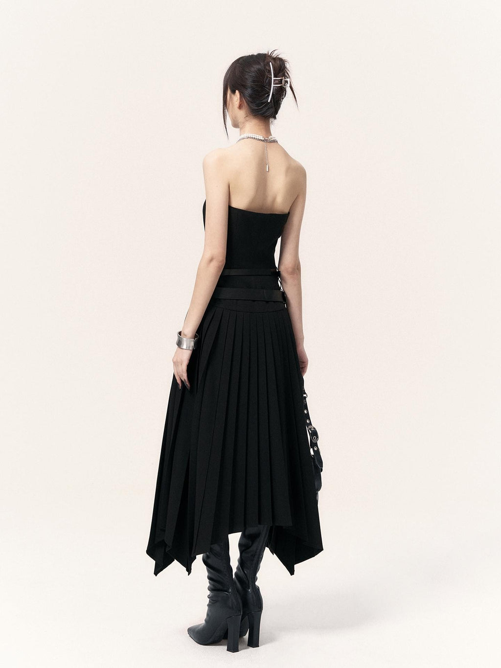 VOCK Asymmetric Pleated Slimming Women's Polyester Cotton Strapless Maxi Dresses