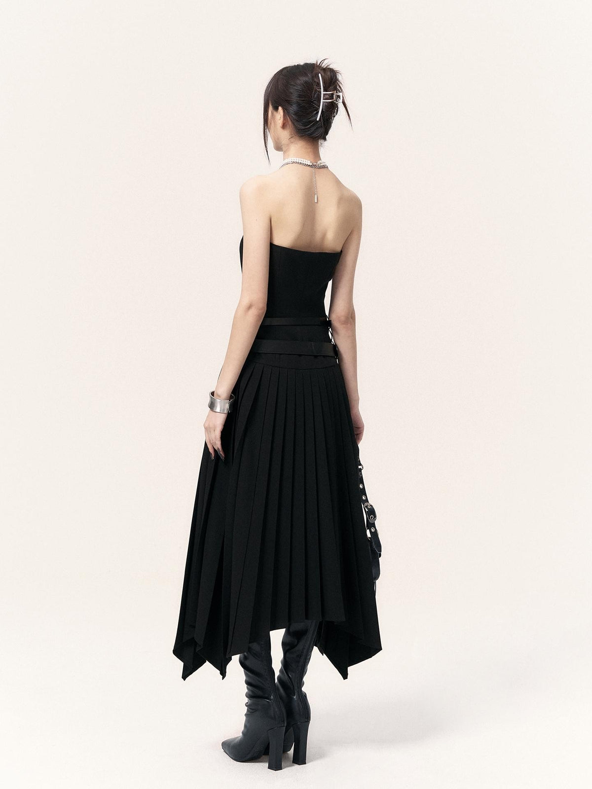 VOCK Asymmetric Pleated Slimming Women's Polyester Cotton Strapless Maxi Dresses