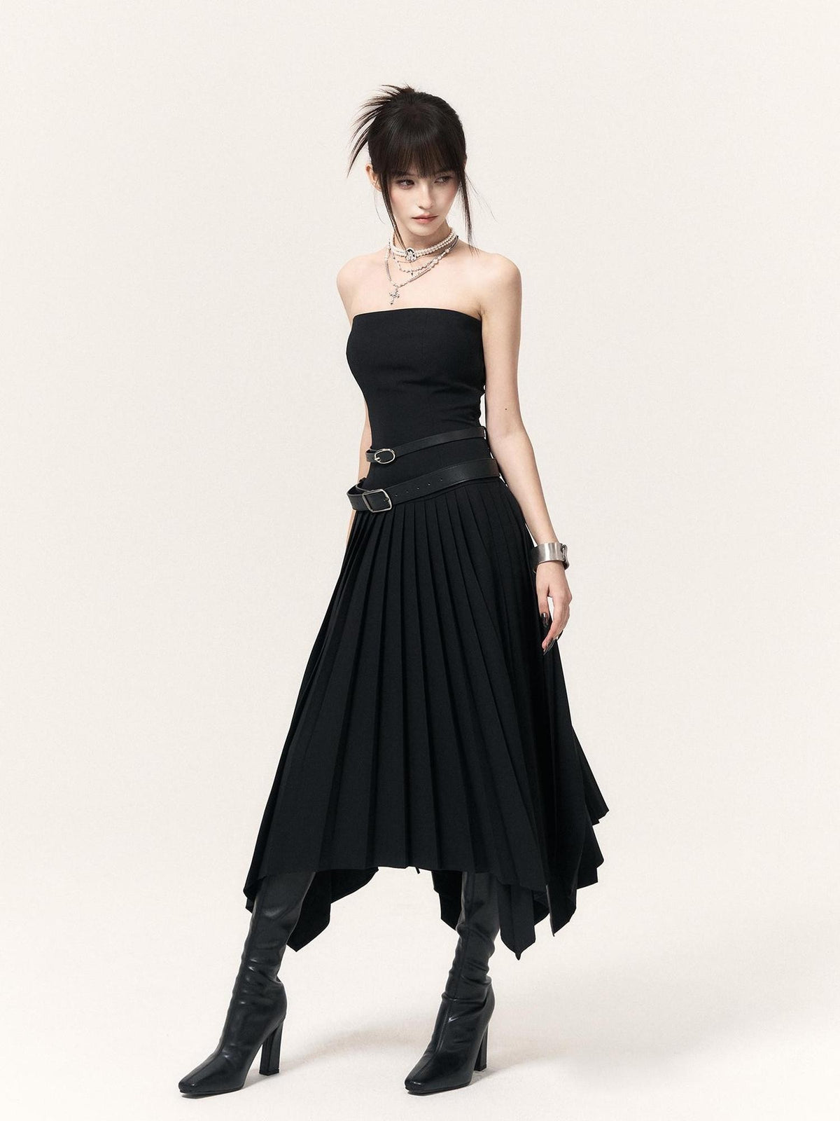VOCK Asymmetric Pleated Slimming Women's Polyester Cotton Strapless Maxi Dresses