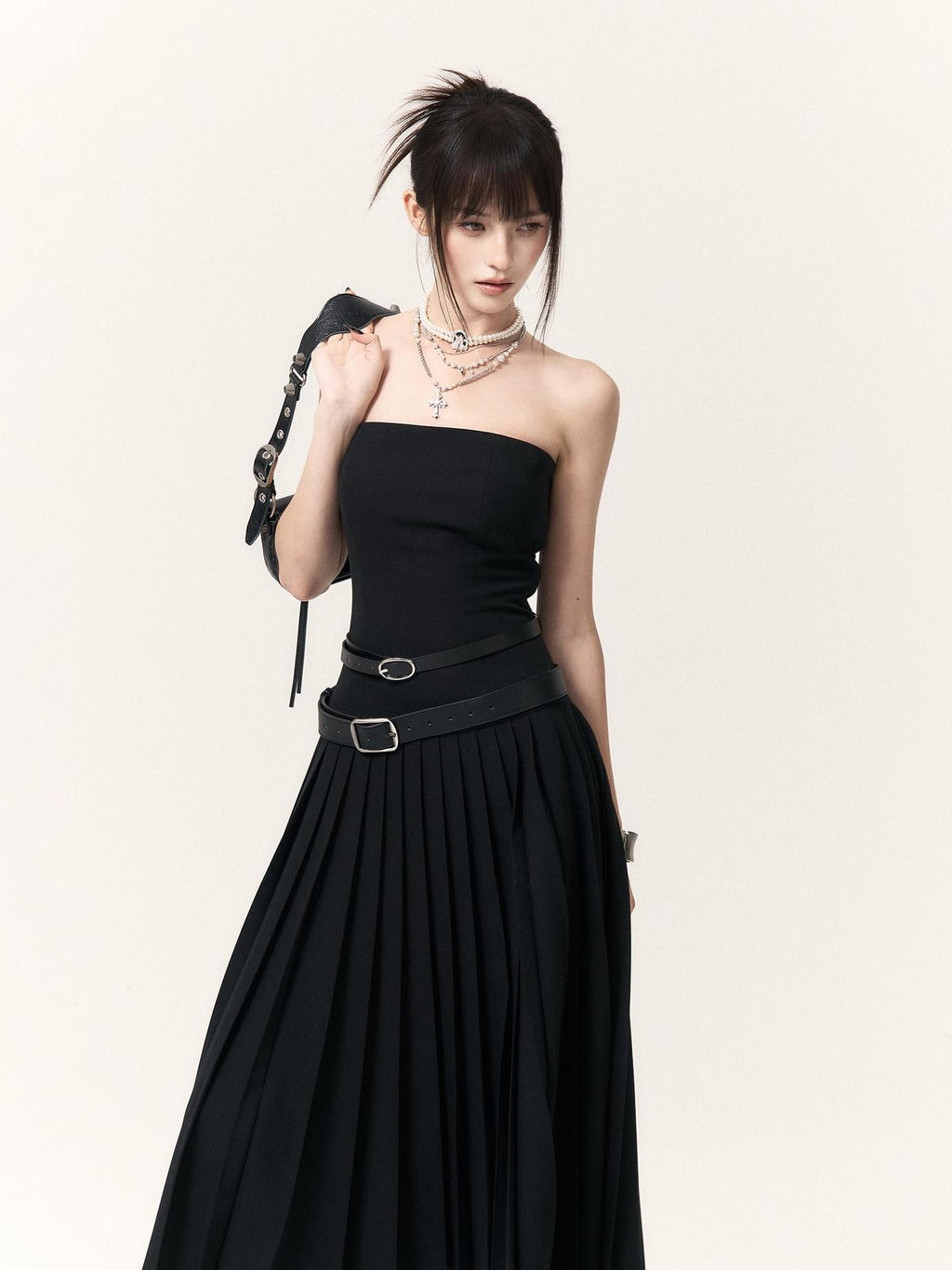 VOCK Asymmetric Pleated Slimming Women's Polyester Cotton Strapless Maxi Dresses