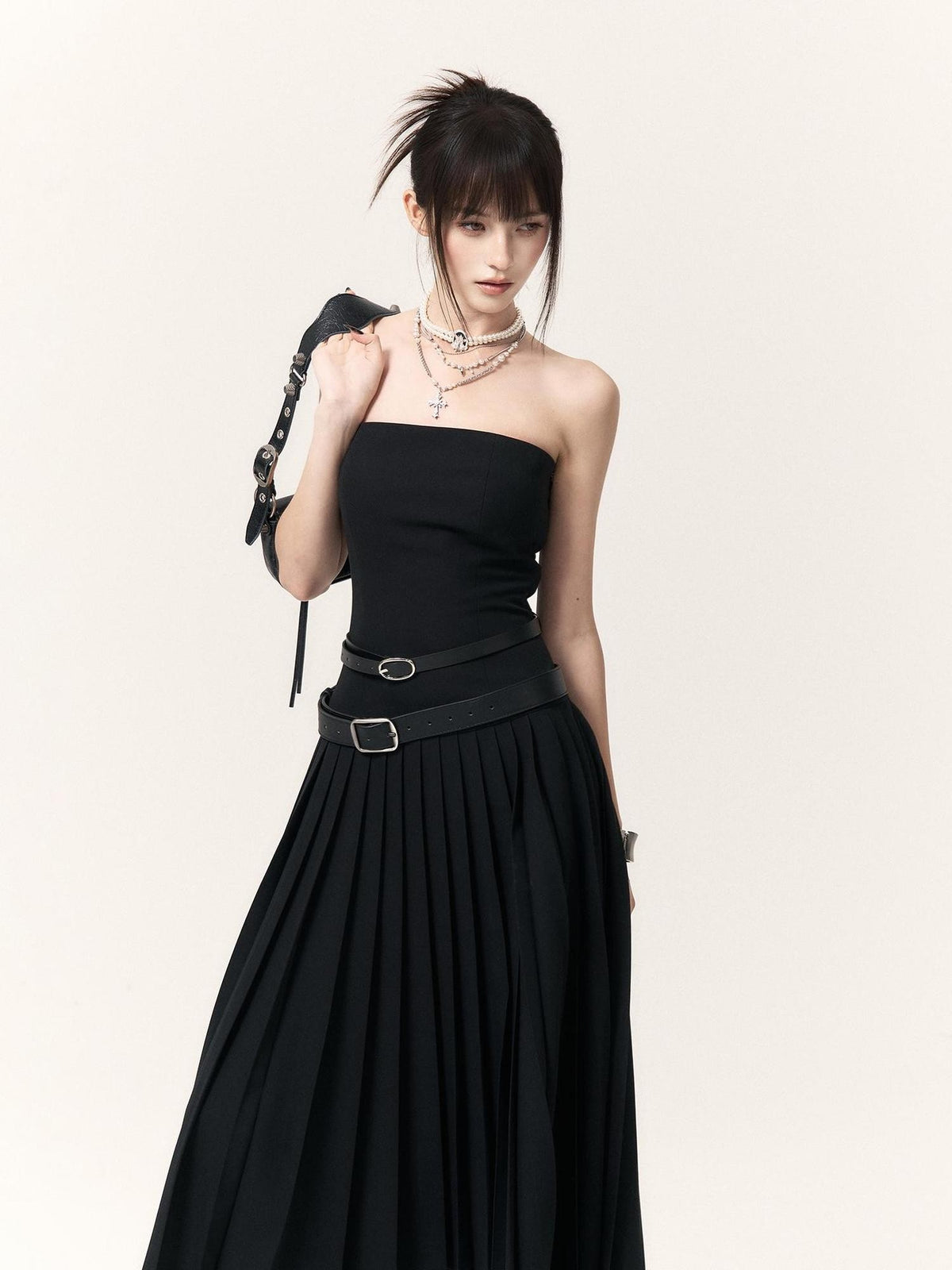 VOCK Asymmetric Pleated Slimming Women's Polyester Cotton Strapless Maxi Dresses