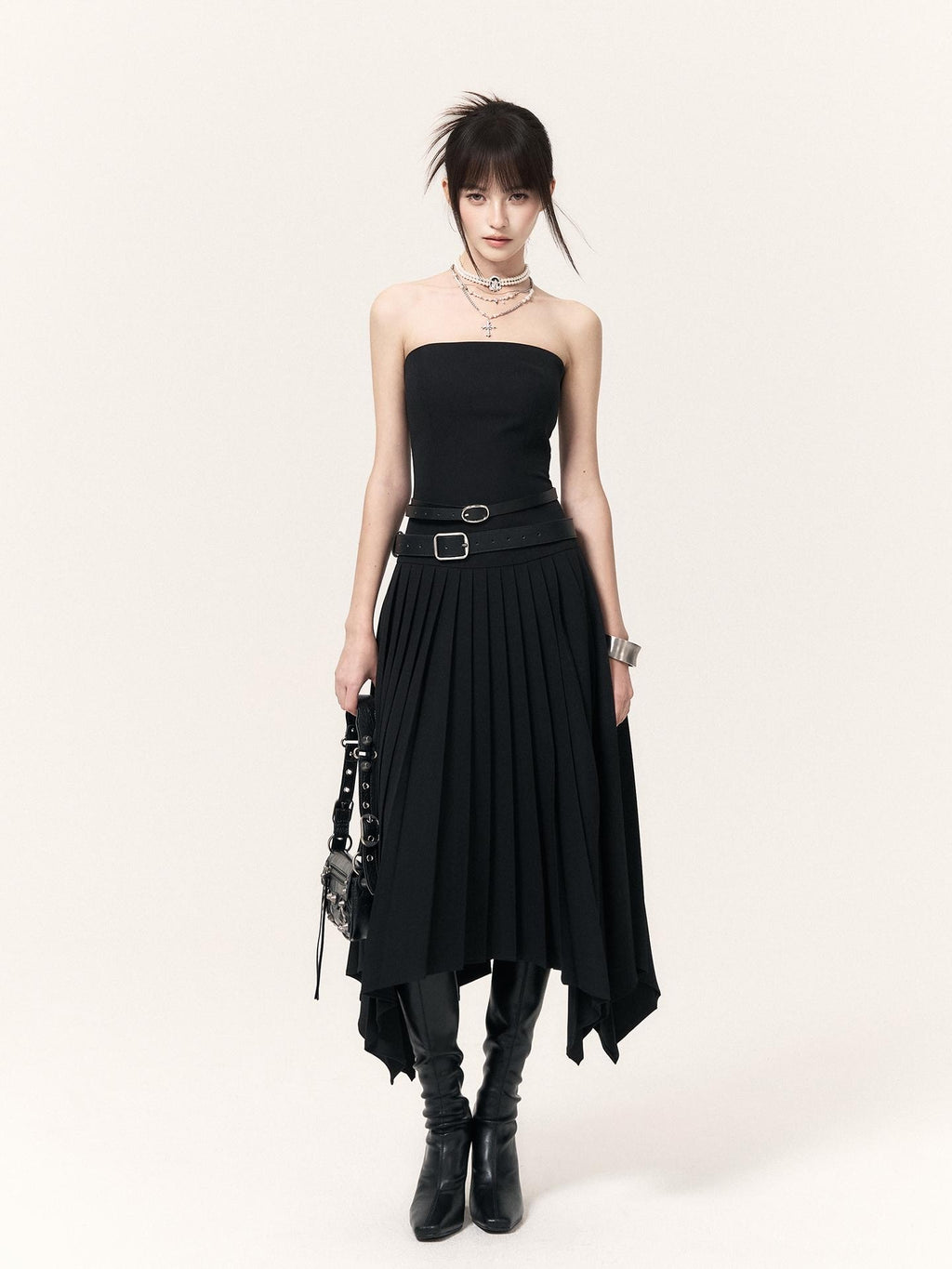 VOCK Asymmetric Pleated Slimming Women's Polyester Cotton Strapless Maxi Dresses