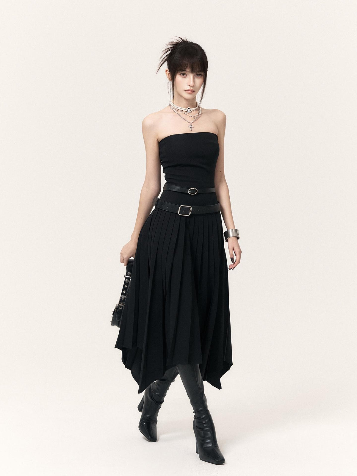 VOCK Asymmetric Pleated Slimming Women's Polyester Cotton Strapless Maxi Dresses