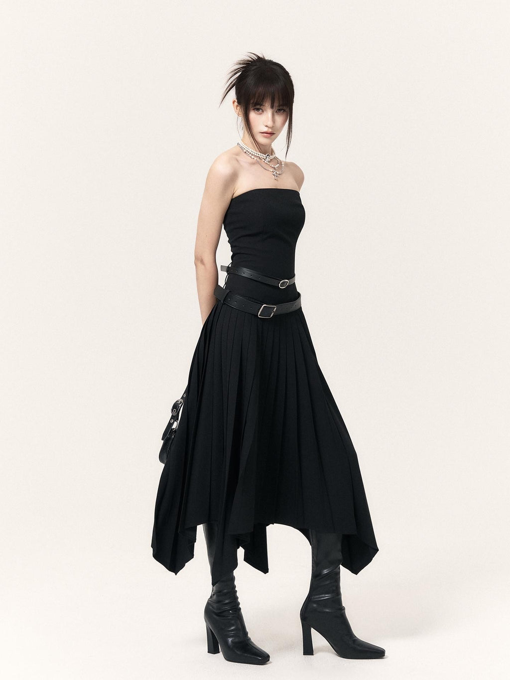 VOCK Asymmetric Pleated Slimming Women's Polyester Cotton Strapless Maxi Dresses