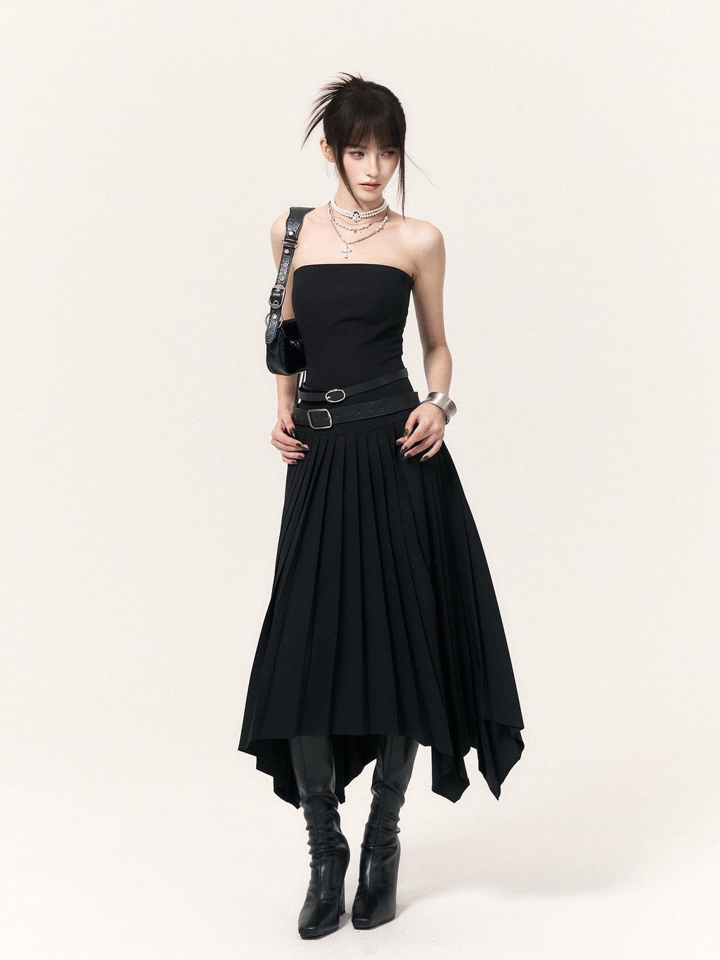VOCK Asymmetric Pleated Slimming Women's Polyester Cotton Strapless Maxi Dresses