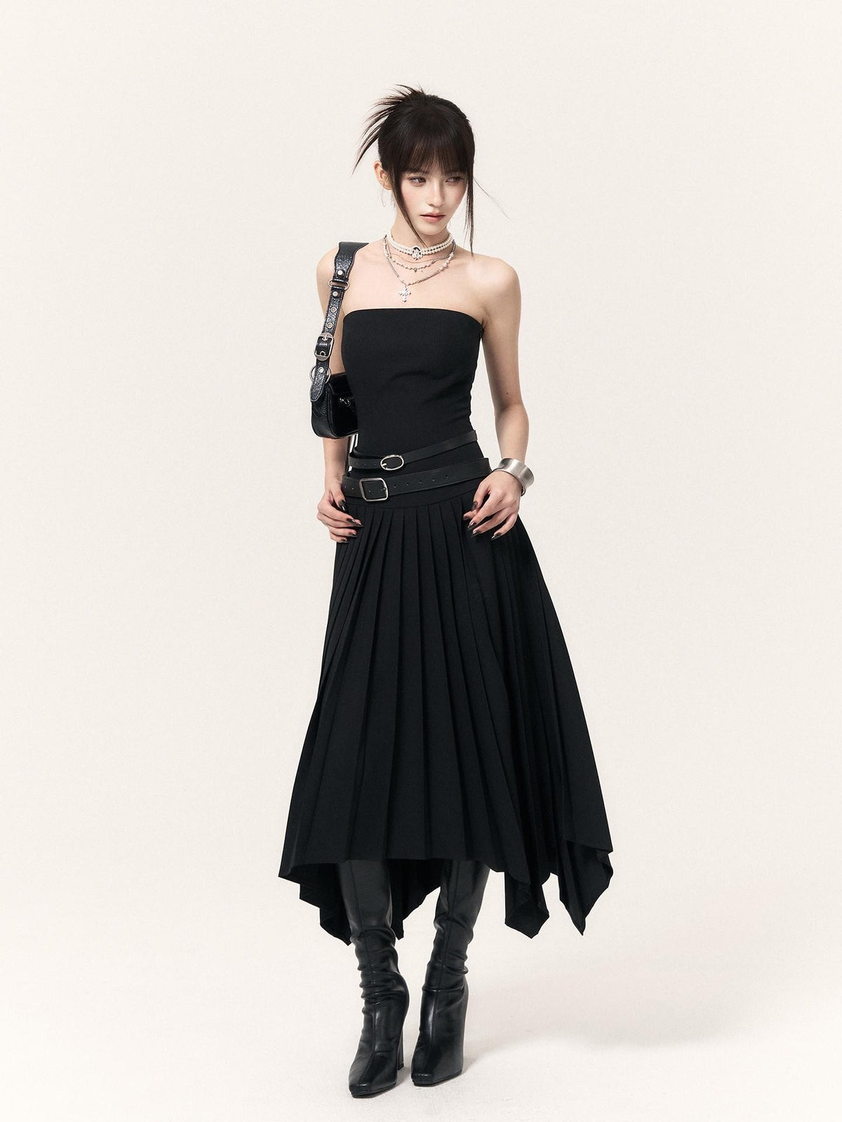 VOCK Asymmetric Pleated Slimming Women's Polyester Cotton Strapless Maxi Dresses