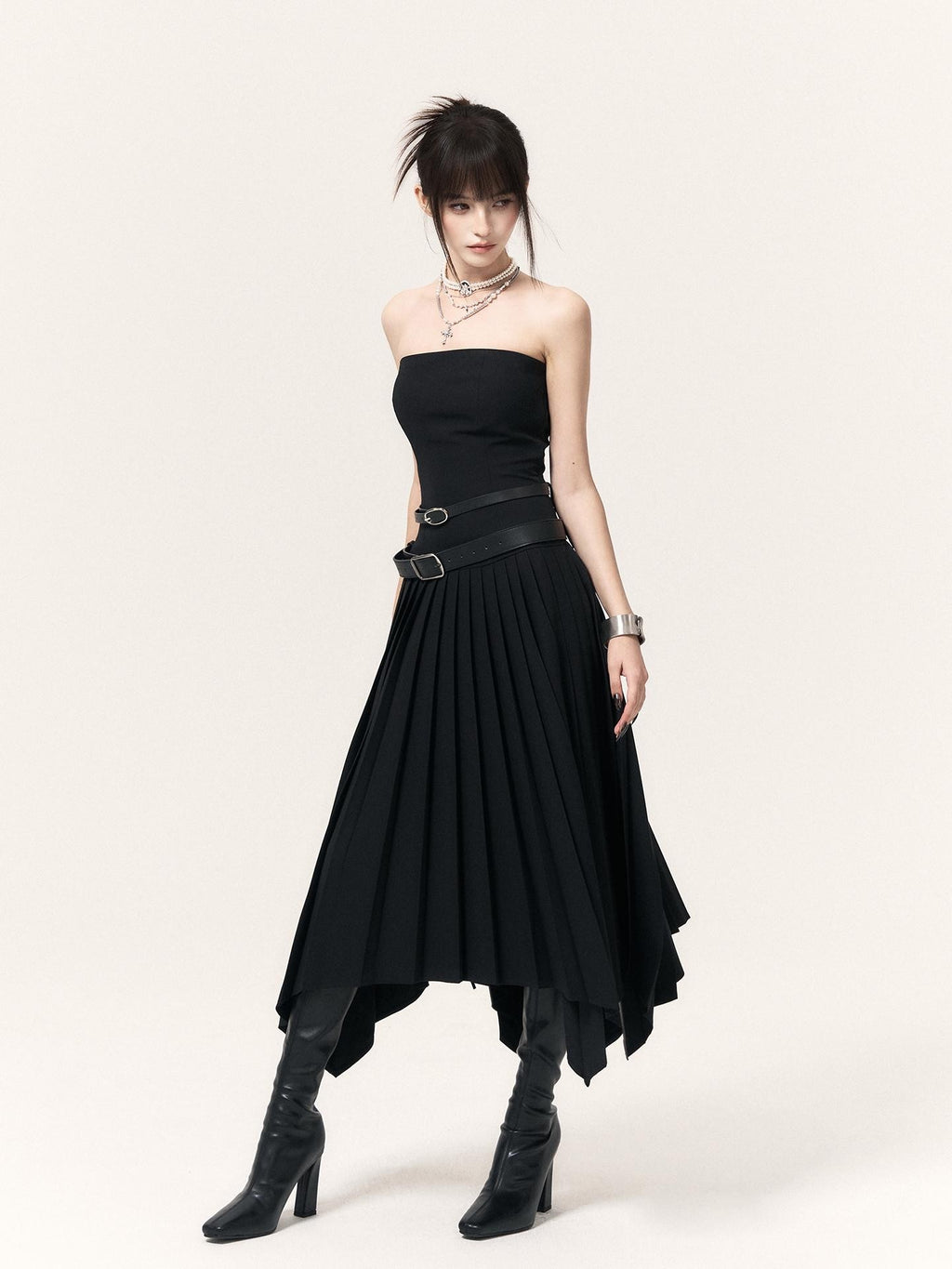 VOCK Asymmetric Pleated Slimming Women's Polyester Cotton Strapless Maxi Dresses
