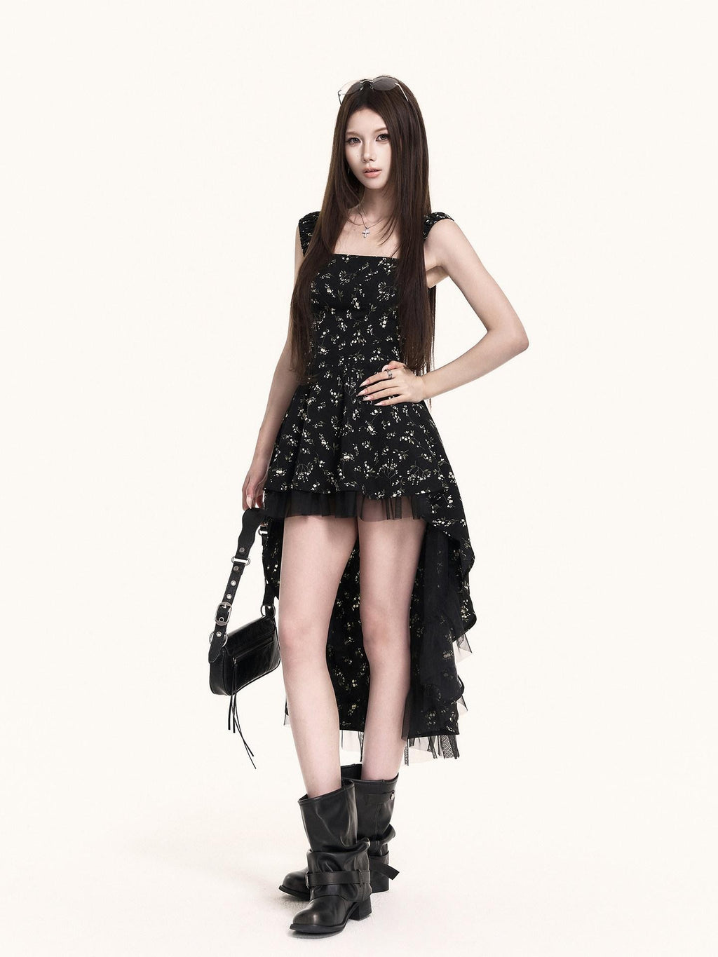 VOCK Asymmetric Ruffle Floral Square Neck Women's Polyester Slip Mini Dresses