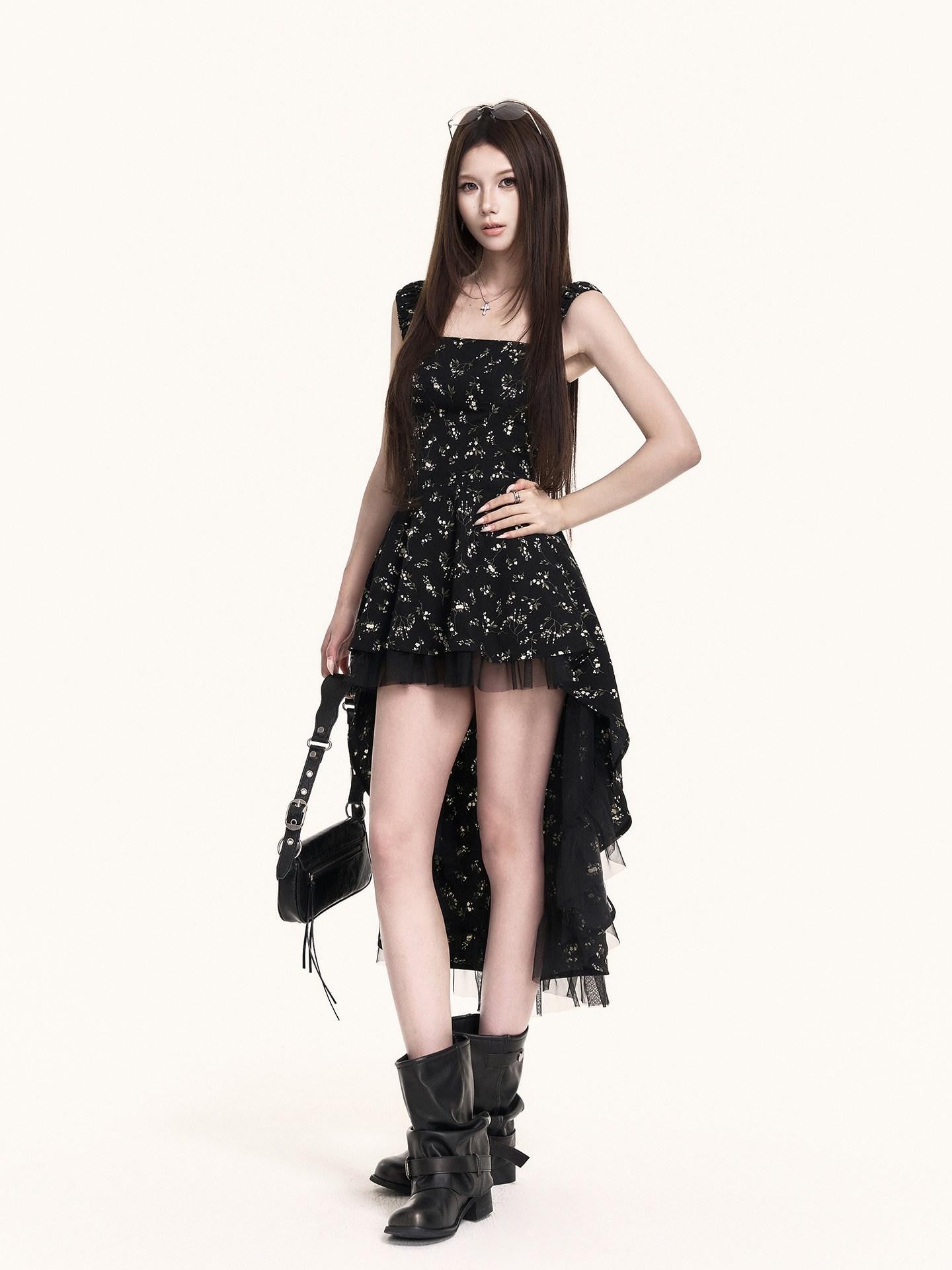 VOCK Asymmetric Ruffle Floral Square Neck Women's Polyester Slip Mini Dresses