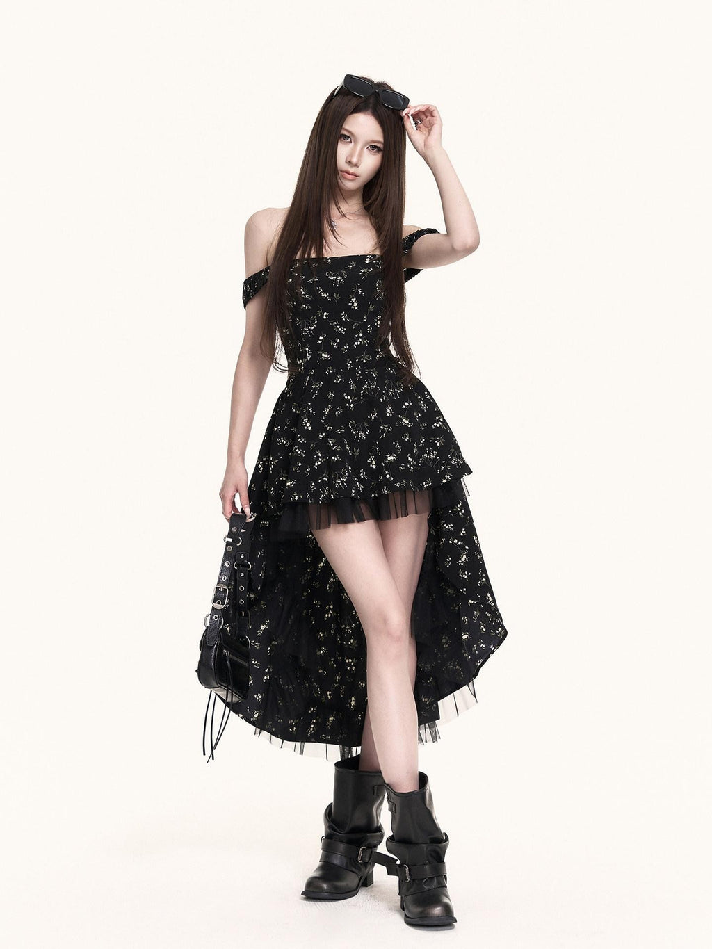 VOCK Asymmetric Ruffle Floral Square Neck Women's Polyester Slip Mini Dresses