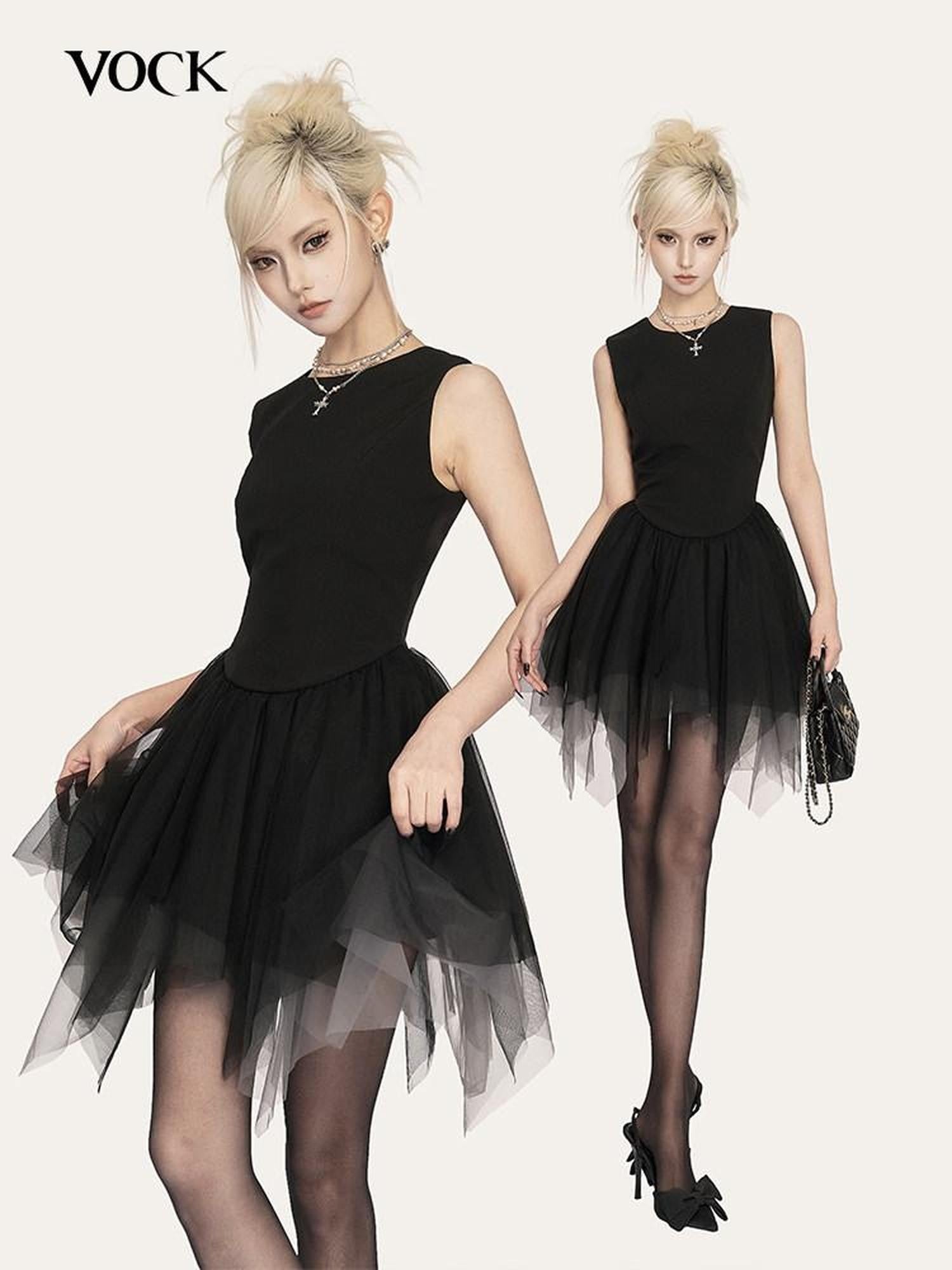 VOCK Asymmetric Tulle Waist Cinched Sleeveless Women's Corset Mini Dresses
