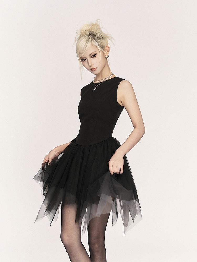 VOCK Asymmetric Tulle Waist Cinched Sleeveless Women's Corset Mini Dresses
