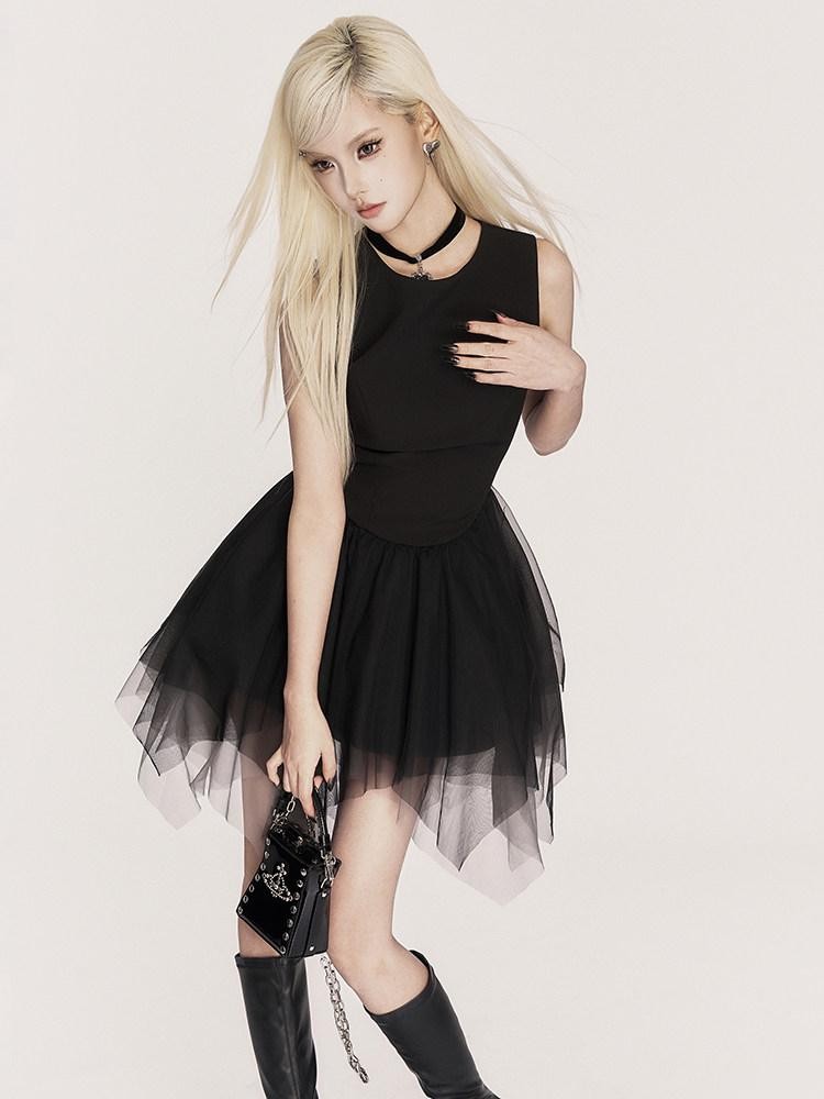 VOCK Asymmetric Tulle Waist Cinched Sleeveless Women's Corset Mini Dresses
