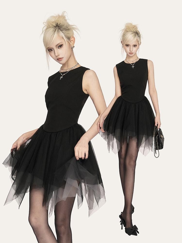VOCK Asymmetric Tulle Waist Cinched Sleeveless Women's Corset Mini Dresses