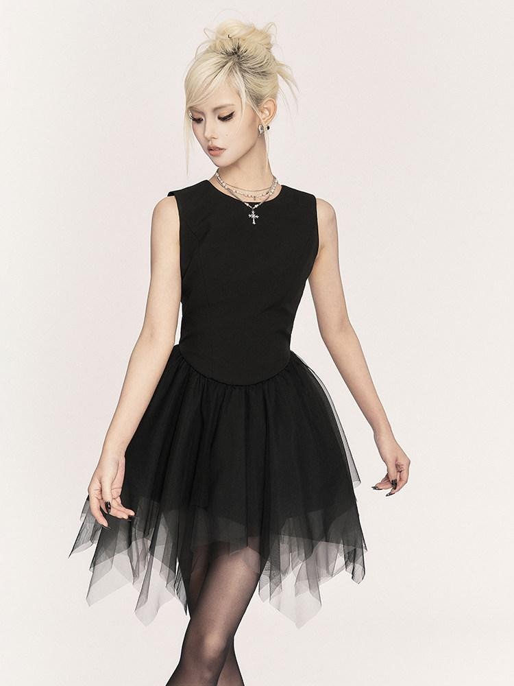 VOCK Asymmetric Tulle Waist Cinched Sleeveless Women's Corset Mini Dresses