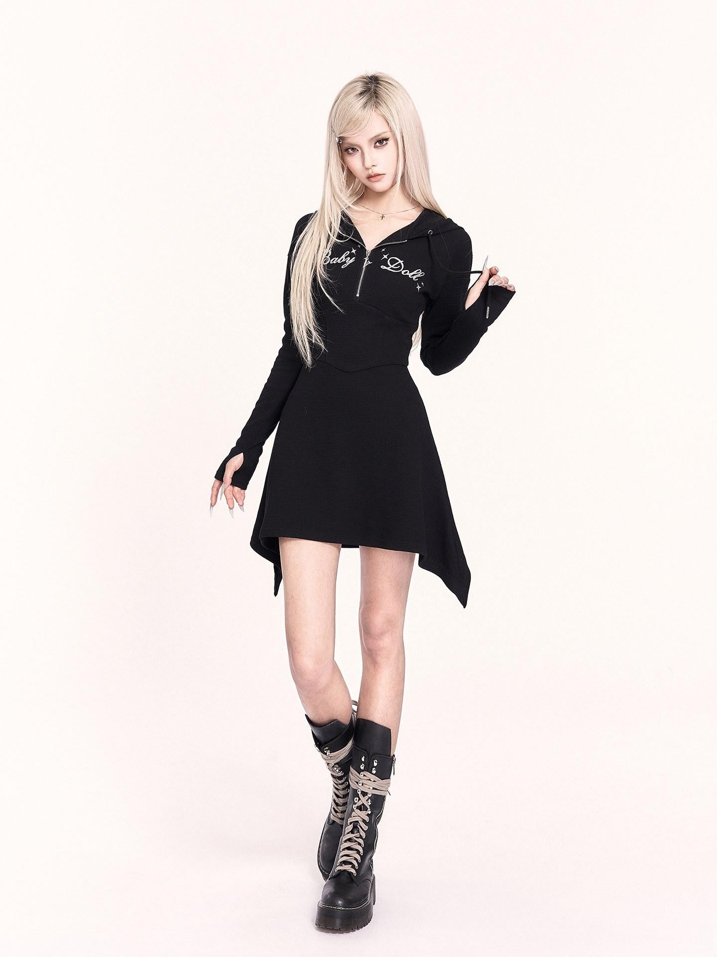 VOCK Asymmetrical Hooded Printed Sweatshirt Women's Poly Cotton Casual Mini Dresses