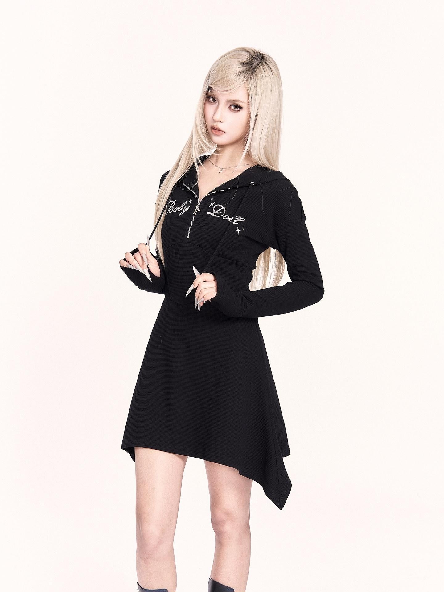 VOCK Asymmetrical Hooded Printed Sweatshirt Women's Poly Cotton Casual Mini Dresses
