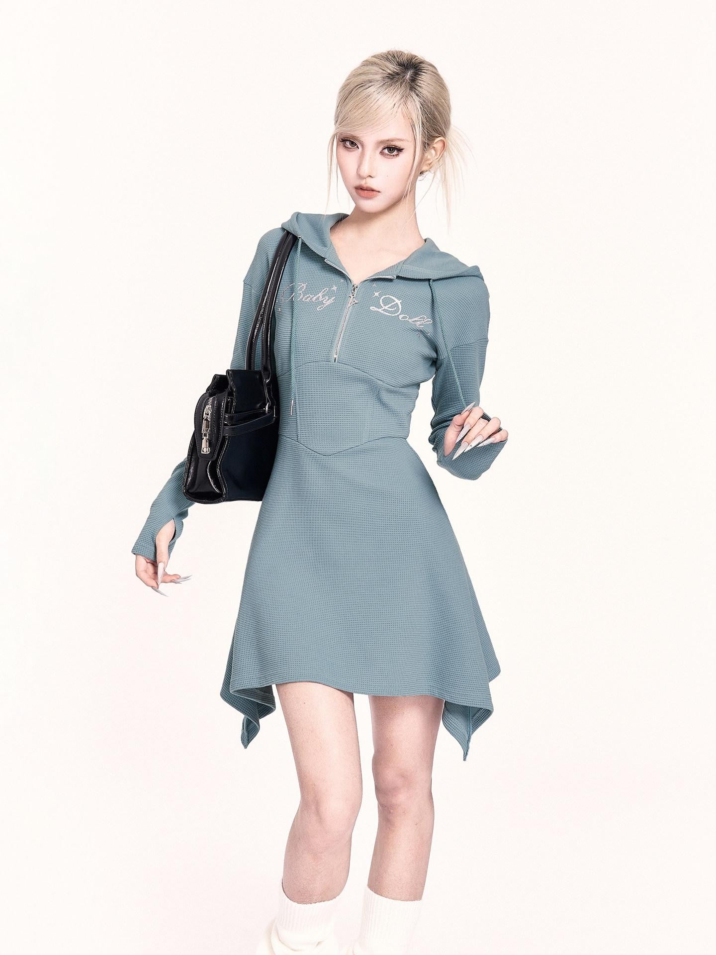VOCK Asymmetrical Hooded Printed Sweatshirt Women's Poly Cotton Casual Mini Dresses