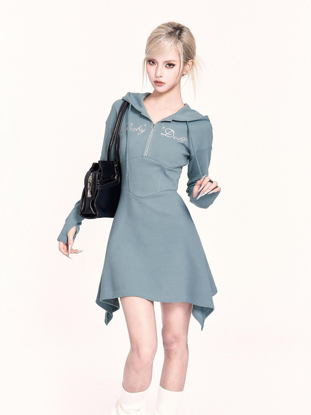 VOCK Asymmetrical Hooded Printed Sweatshirt Women's Poly Cotton Casual Mini Dresses