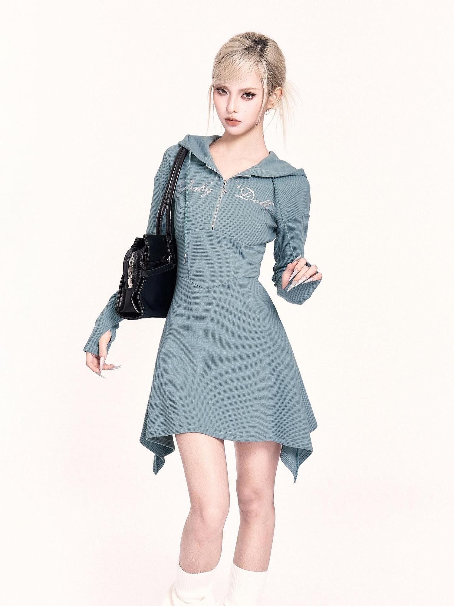 VOCK Asymmetrical Hooded Printed Sweatshirt Women's Poly Cotton Casual Mini Dresses