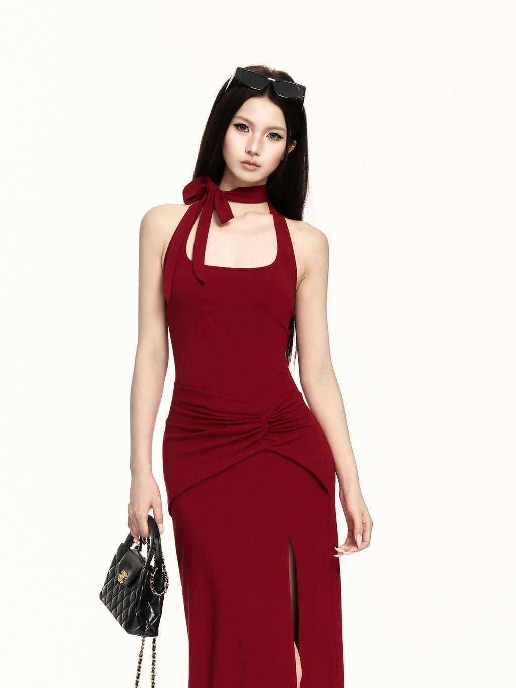 VOCK Backless Knit Side Slit Women's Cotton Blend Halter Maxi Dresses