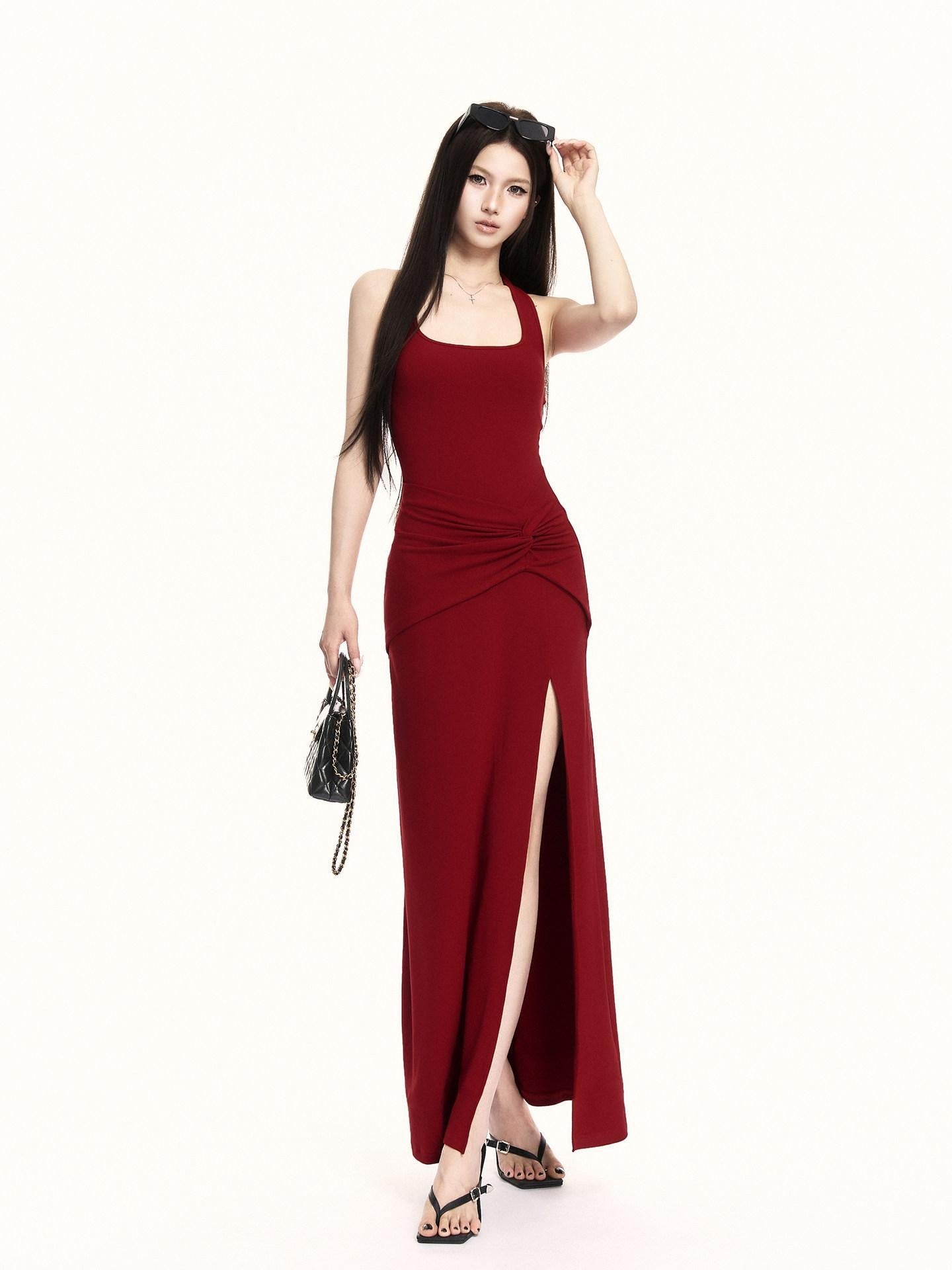 VOCK Backless Knit Side Slit Women's Cotton Blend Halter Maxi Dresses