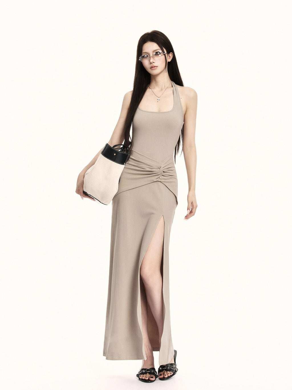 VOCK Backless Knit Side Slit Women's Cotton Blend Halter Maxi Dresses