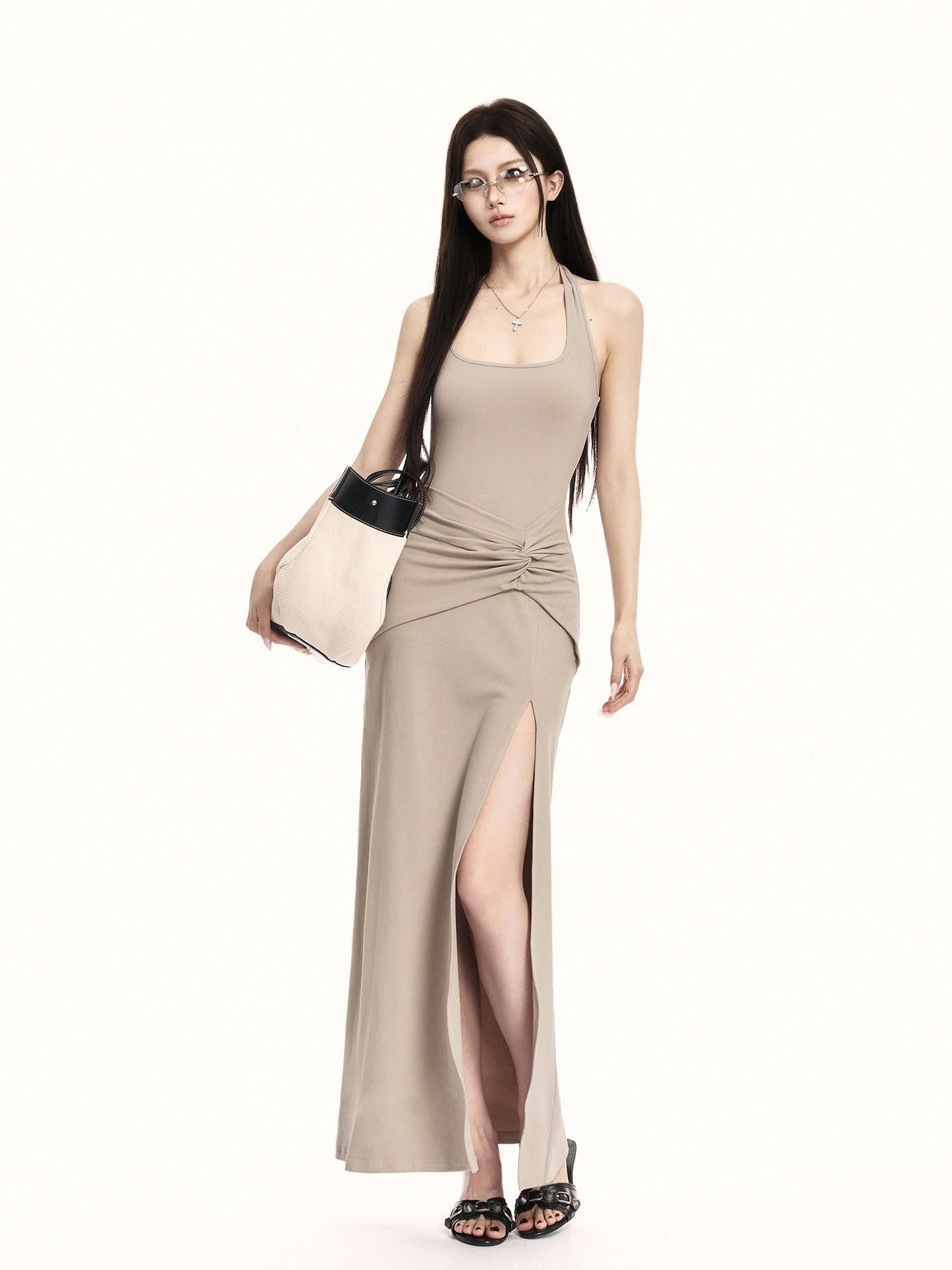 VOCK Backless Knit Side Slit Women's Cotton Blend Halter Maxi Dresses